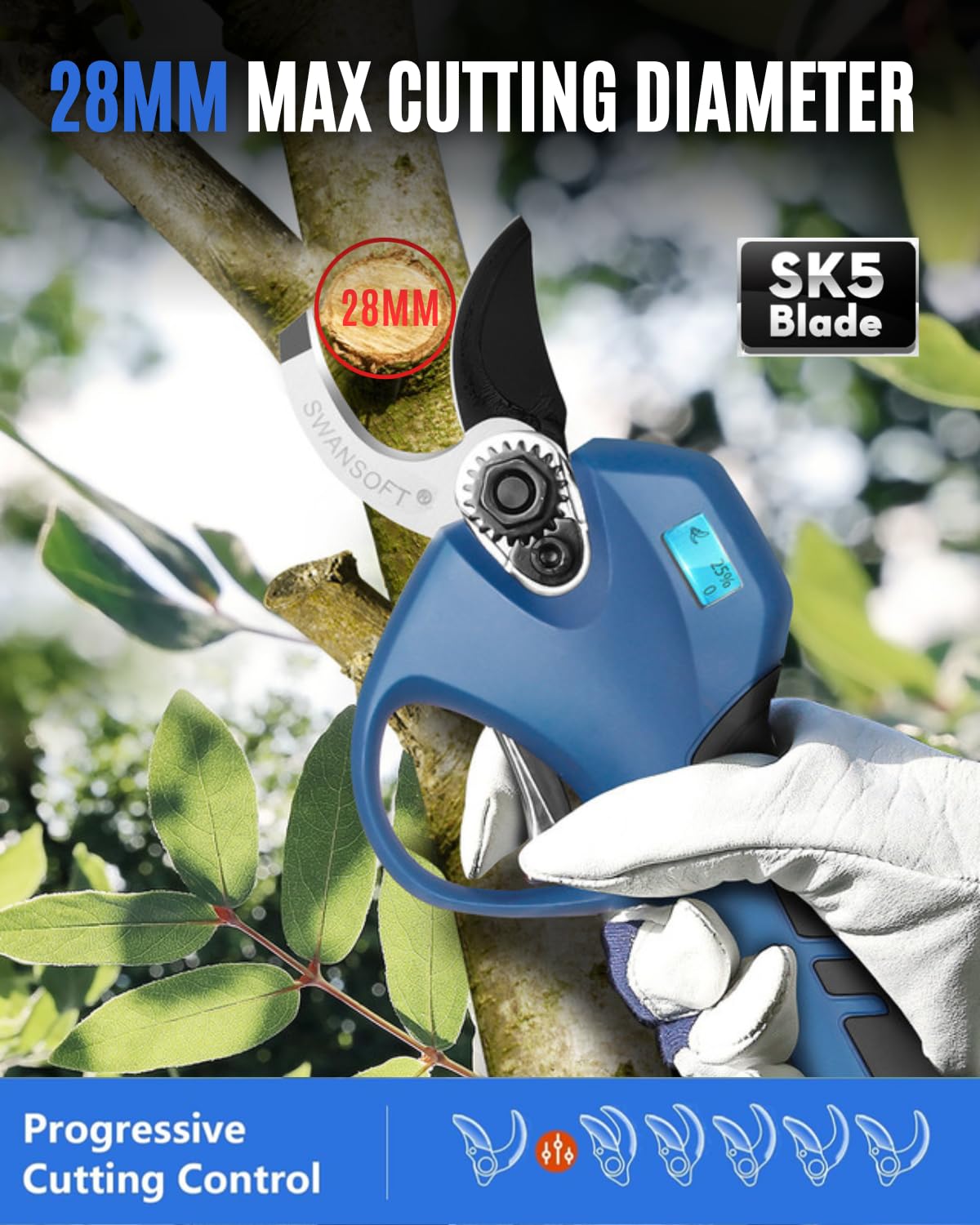 [Ligero Y Seguro, Modelo De Entrada Profesional] SWANSOFT PRU28 Tijeras de Podar Electricas, 28mm 16,8V 850W Podadora Eléctrica de con Batería | Tijeras de Podar Eléctricas de Mano, Negro/Azul