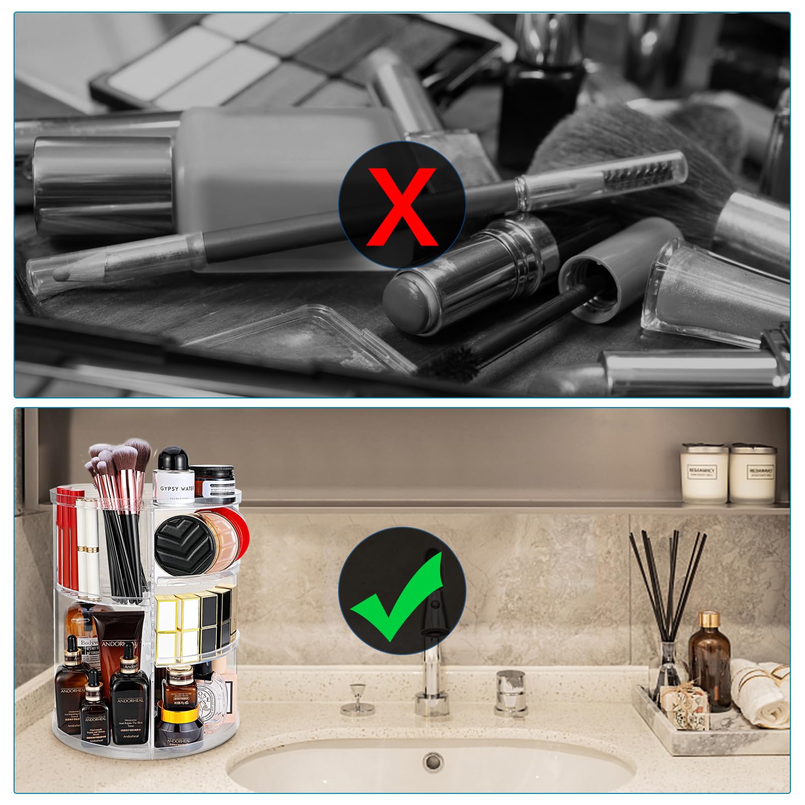 Mkitnvy Organizzatore di Trucco, Rotante a 360°, Make Up Organizer Porta Creme Ripiani Regolabili, Multifunzione pour Profumi Bagno