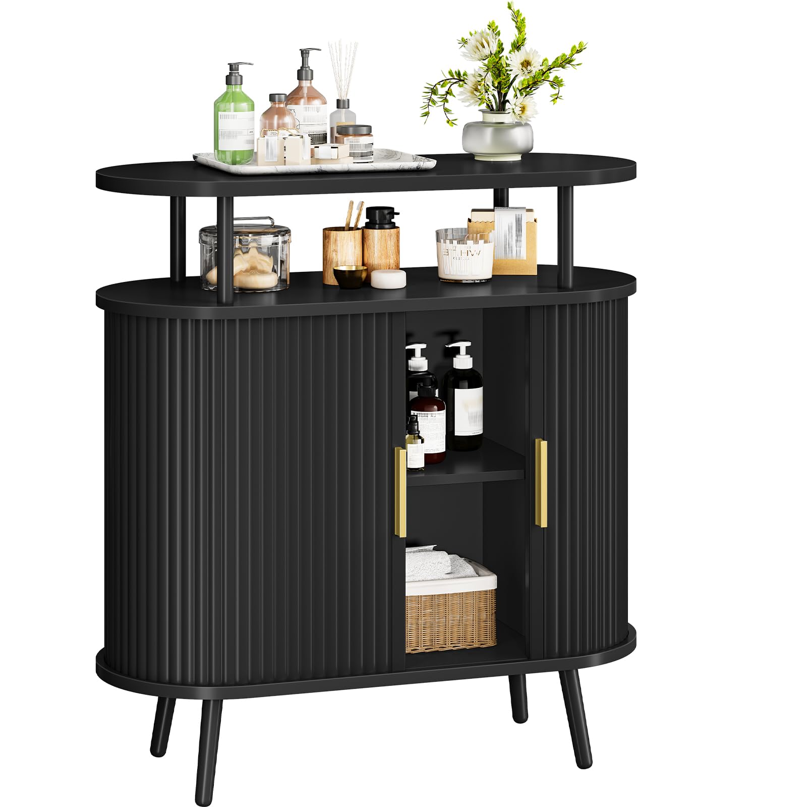 CHOEZON Bathroom Storage Cabinet, Bathroom Cabinet with Sliding Doors, Freestanding Floor Cabinet with Gold Handles, Modern Bathroom Organizer and