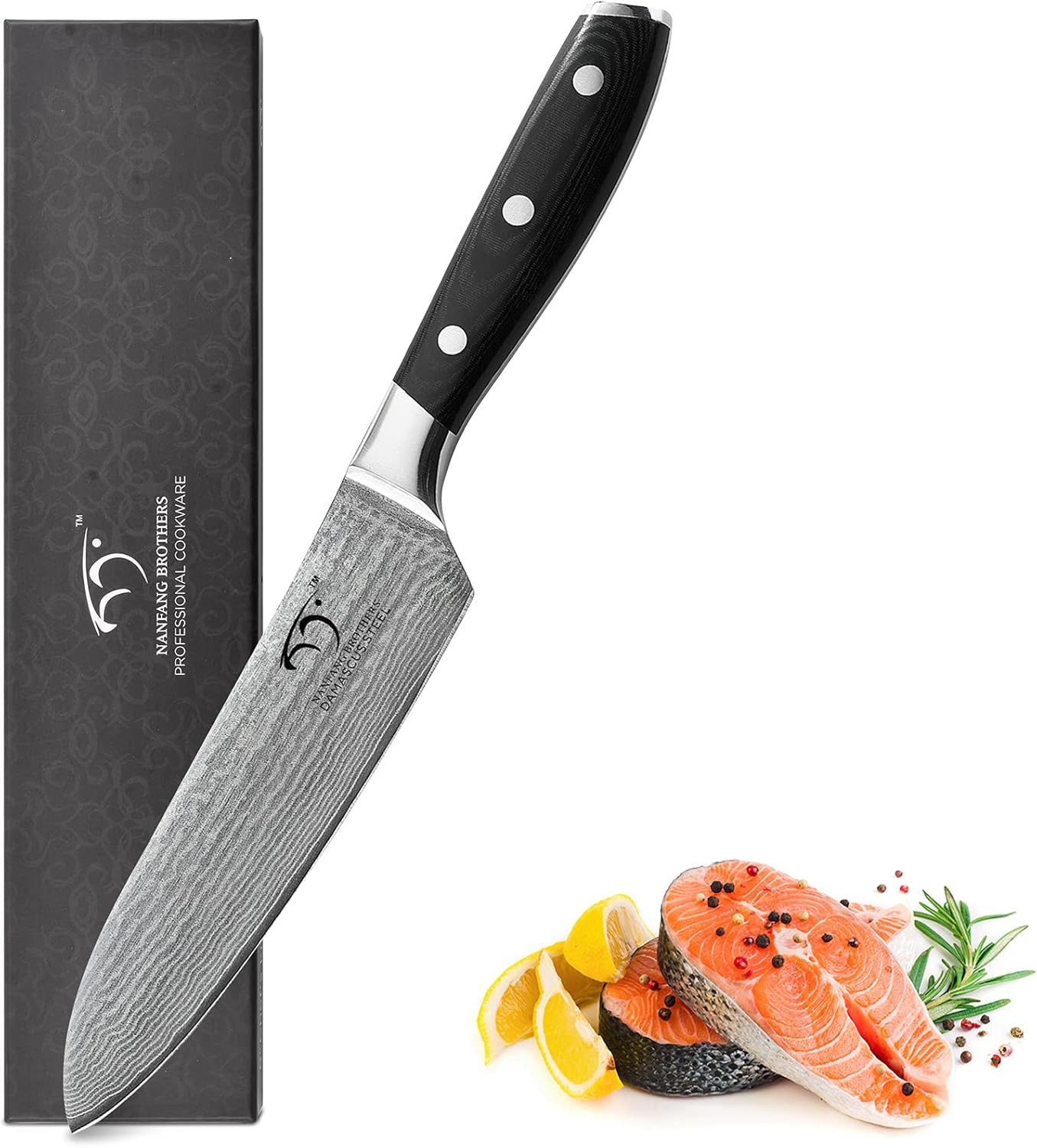 Cuchillo Santoku Damasco de 7 pulgadas, Pro Grade 67 capa VG-10 cuchillo de cocina ultra afilado, cuchillo Santoku de chef con mango ergonómico, presentado en una magnífica caja de regalo