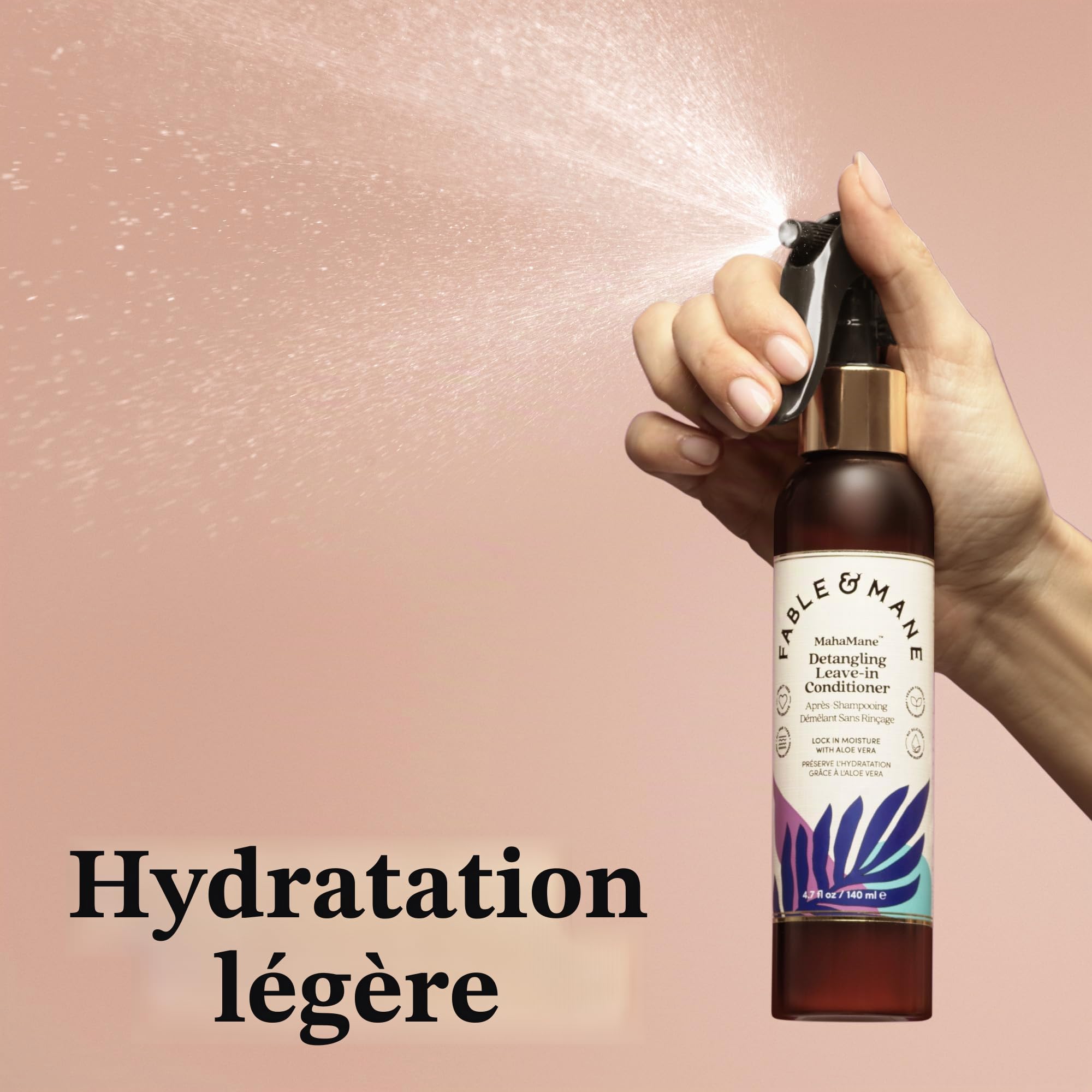 Fable & Mane Après-shampoing démêlant sans rinçage Protection UV pour cheveux lisses, hydratés et sans nœuds. Enrichi en aloe vera