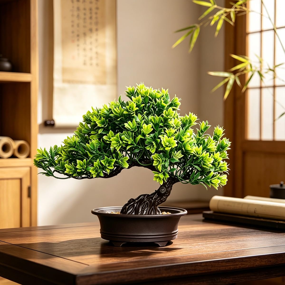 Fausse Plante Bonsaï avec Pot, Plantes Décoratives, Faux Arbre sans Eau | Arbres topiaires artificiels, fausse plante bonsaï, fausse plante for entrée, chambre à coucher, Table à thé(Grass Green)