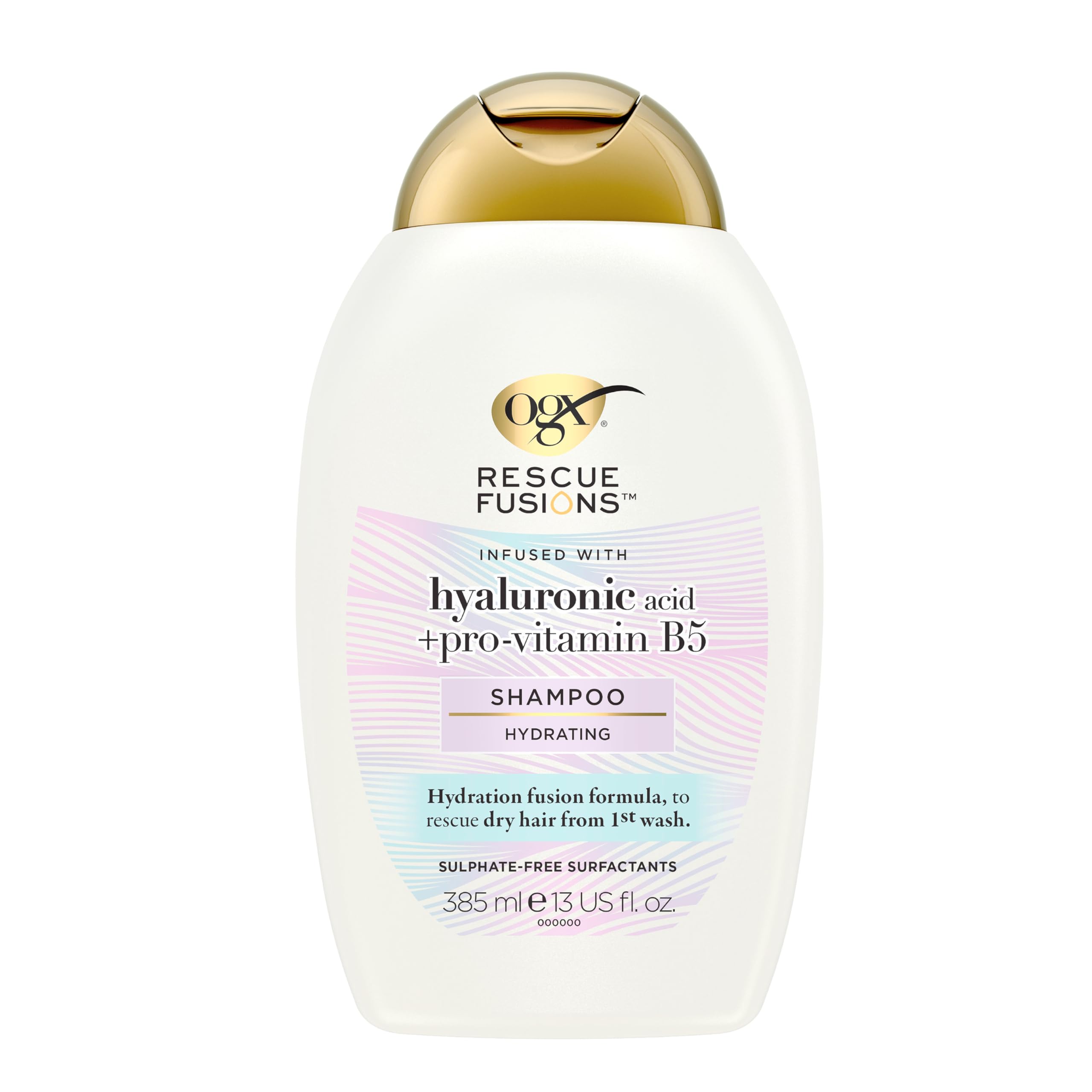OGX Rescue Fusions Hydrating Shampoo, Hyaluronic Acid with Pro-Vitamin B5, Reduces Dry Hair from the First Wash, Sulfate Free, 385ml
