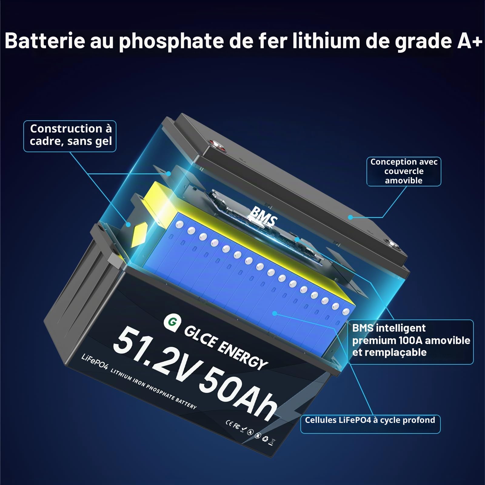 Batterie LiFePO 48V(51.2V) 50Ah avec BMS Bluetooth 100A | 4500-15000 Cycles, Haute capacité 2560 Wh | Batterie à Cycle Profond pour Camping-Cars, installations solaires