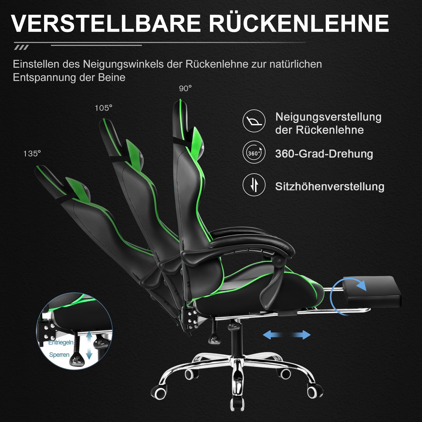 GTPLAYER Silla de oficina para gaming, masaje, sillón, silla ergonómica para gamer, con reposapiés, reposacabezas, cojín lumbar de masaje, acolchado, silla giratoria, verde