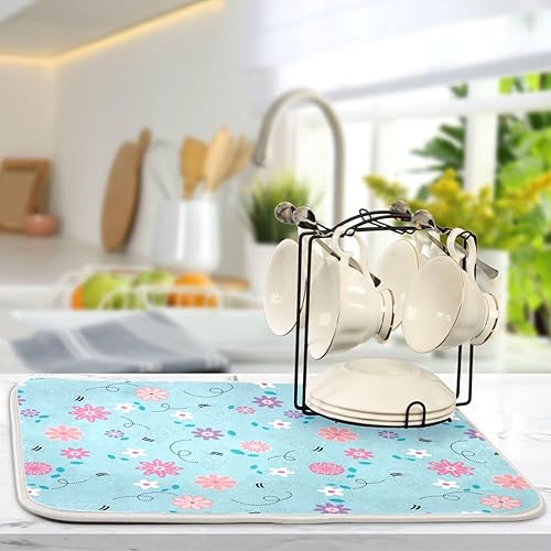 Miniatura 5 de Floral Pink Blue Fashion Drying Dish Mat Washnable Absorbent Dish Drain Mat For Kitchen Counter Dish Drying Rack Matt Especieros Para Cocina
