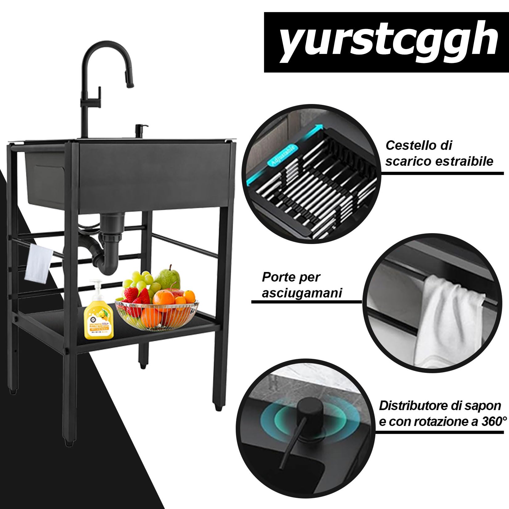 Lavello Esterno Autoportante,Lavandino in Acciaio Inox Professionale 1 Vasca,Lavello in acciaio inossidabile nero,per Interno Ristorante Caffè Garage 50x40x86cm