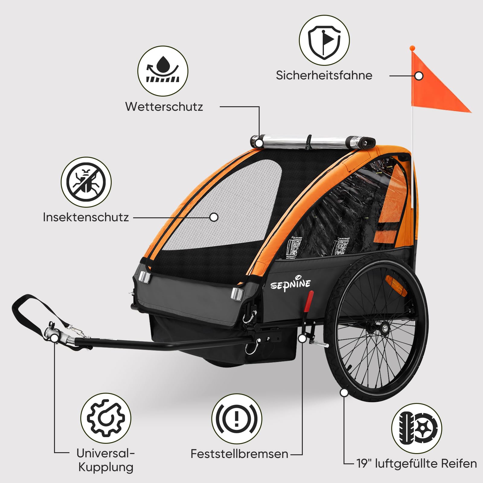 SEPNINE Fahrradanhänger mit 5-Punkt-Sicherheitsgurt, Luftreifen, Handbremse, Faltbar, Max. 40 kg (Orange)