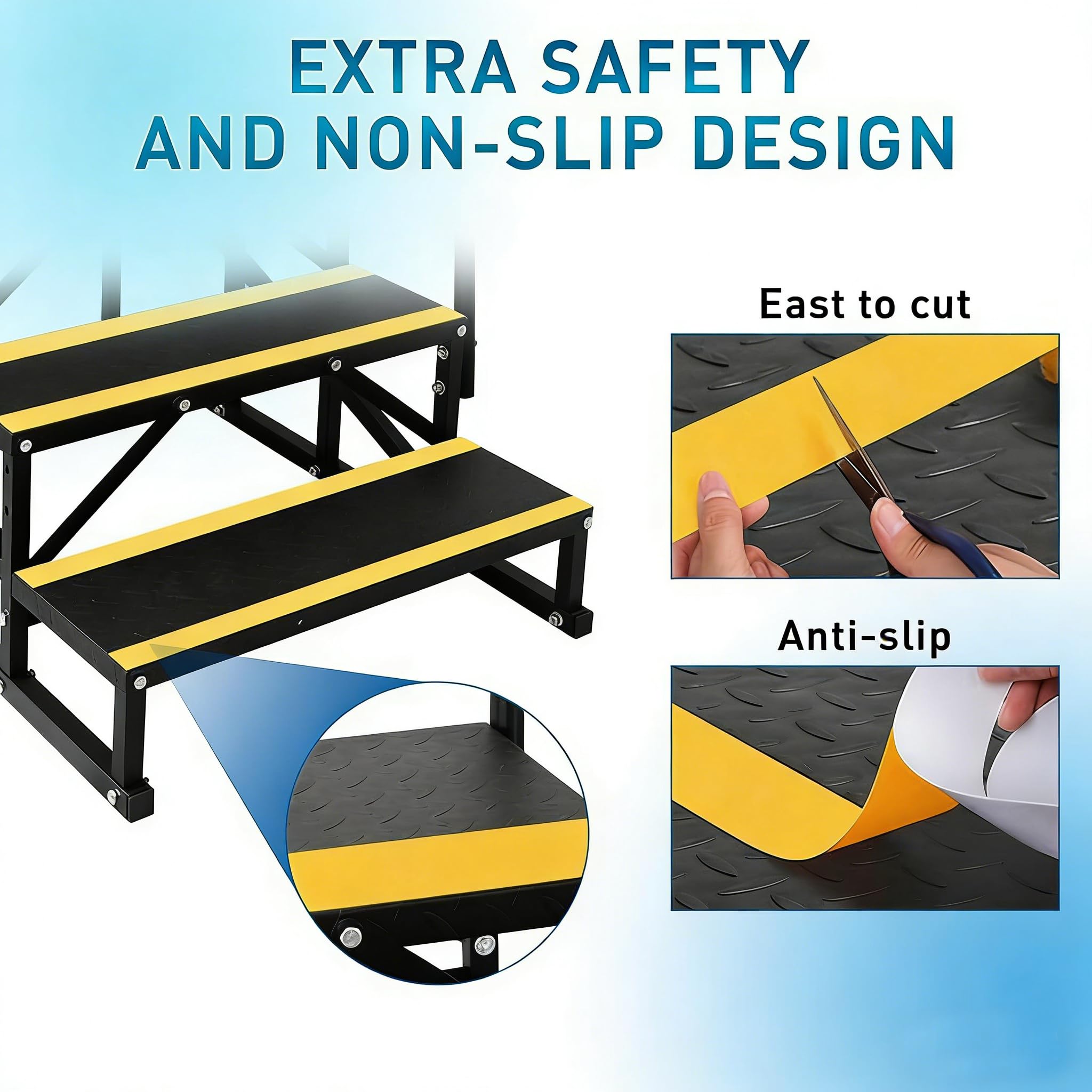Escalera de 2 niveles para autocaravana con pasamanos, antideslizante, soporta 200 kg, peldaños anchos, construcción de acero resistente, para caravanas, caravanas, jacuzzi, piscina, jardín