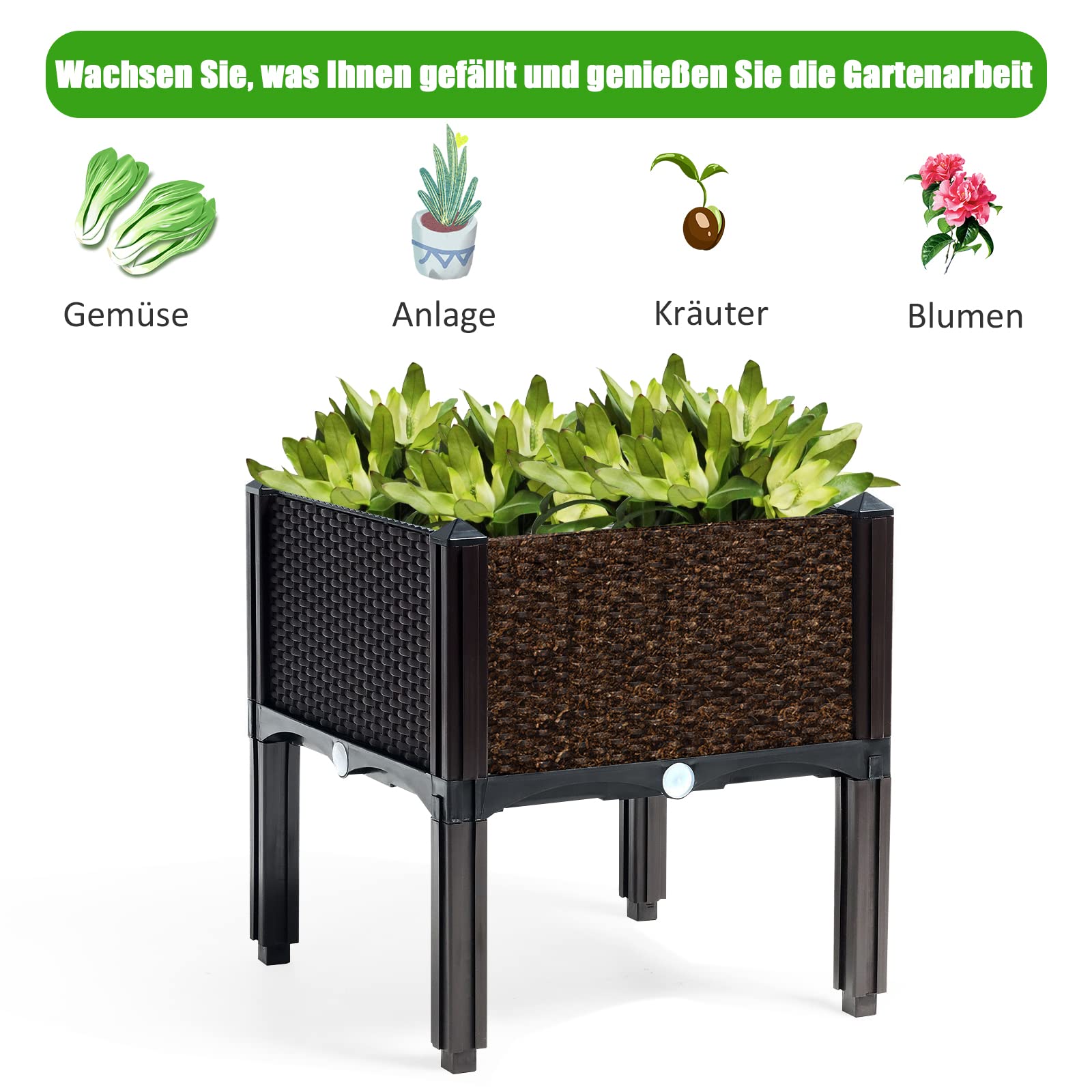 GOPLUS 4-Blumentopf Set, Erhöhtes Gartenbeet mit Wasserspeicher & Entwässerungsloch, stehender Blumentopf mit Abnehmbarer Füße, Blumenkasten für terrasse & Garten & Balkon, Quadratisch 40x40 cm