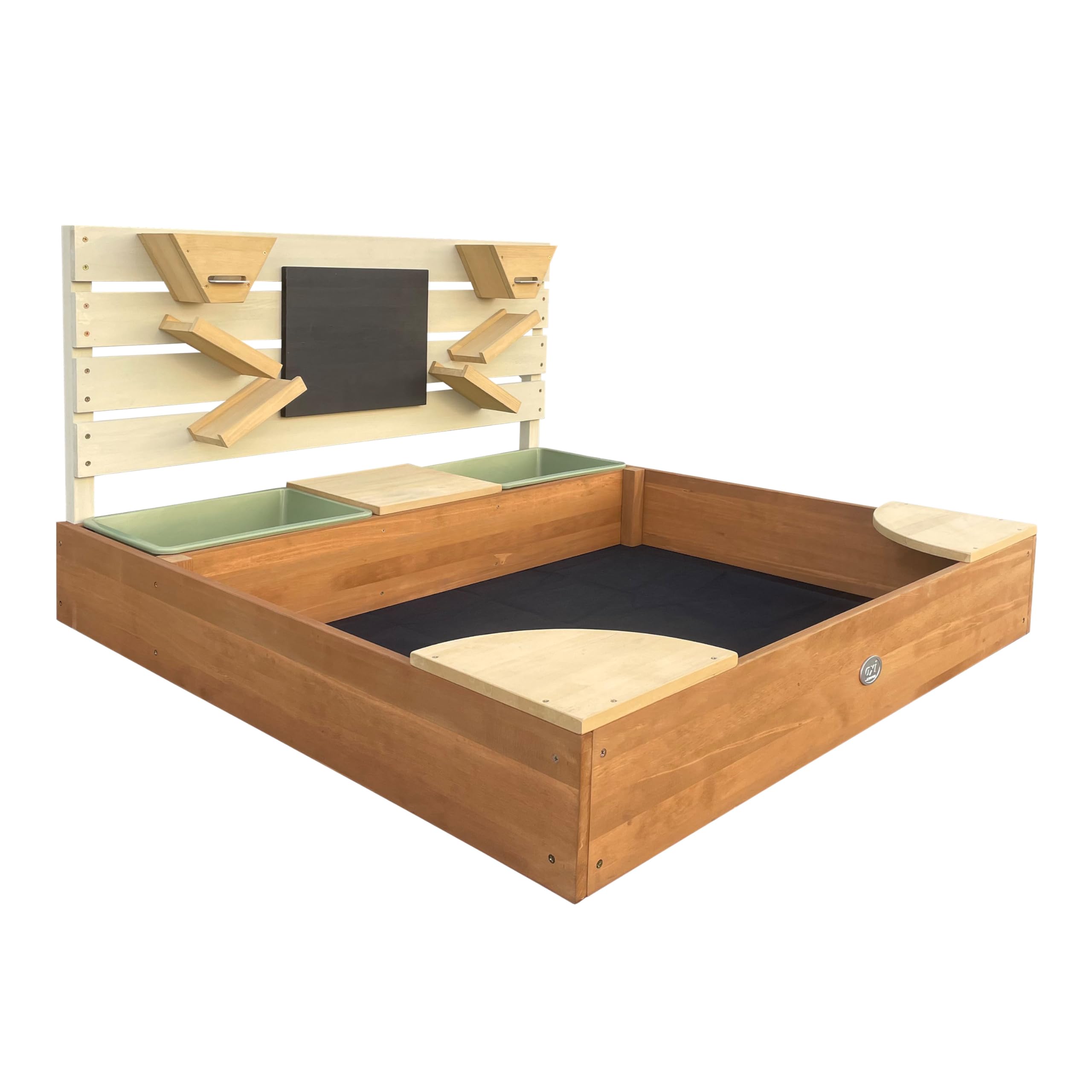 AXI Cato Sandkasten aus Holz mit Behältern für z.B Wasser, Stauraum, Kreidetafel & Spielwand - Beige und Braun | Sandkasten inklusive Trichter | Mit Plane & Bodentuch | 105x100x58,5 cm