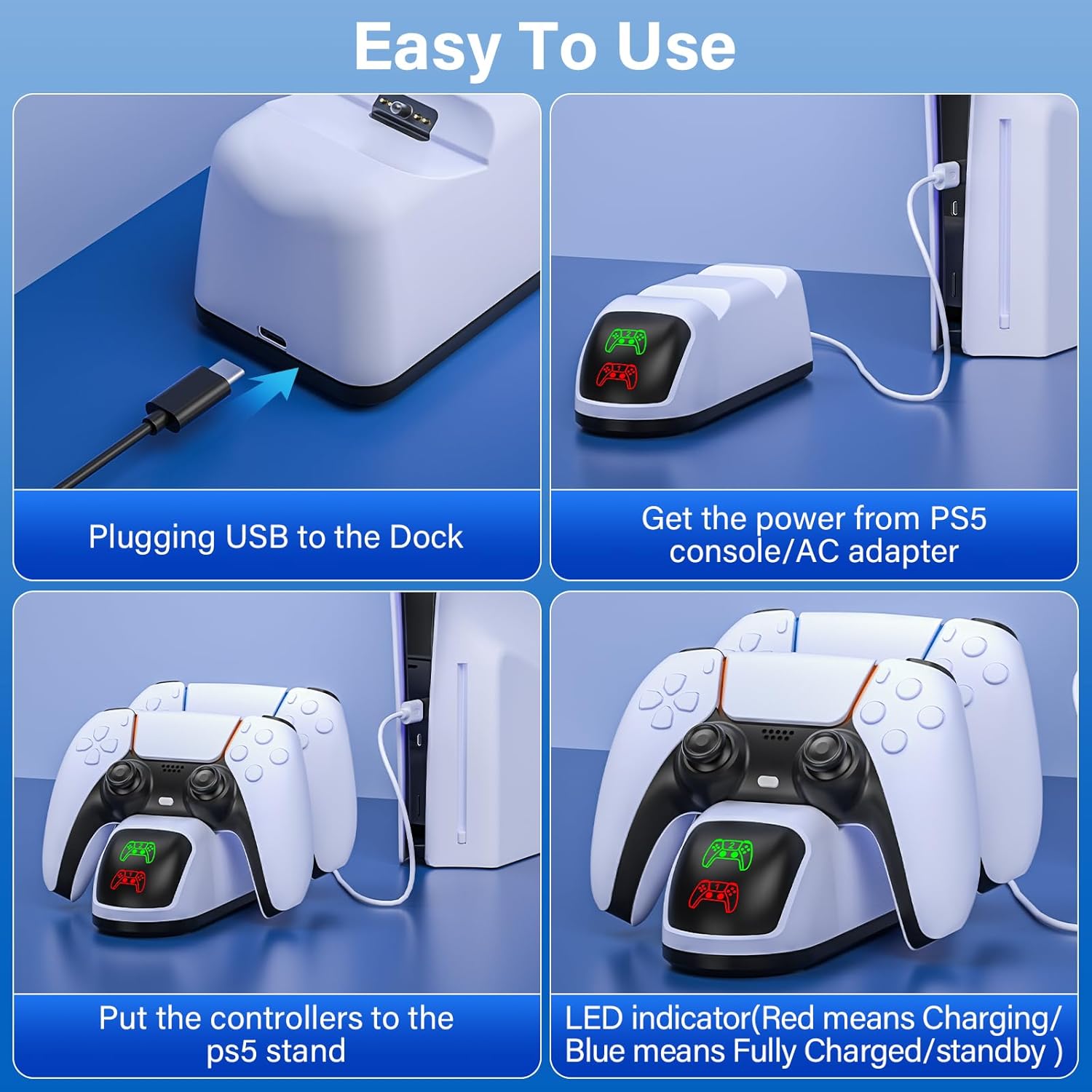 for PS5 Controller Charger Station for PlayStation 5 Dualsense, for PS5 Controller Charging Dock with LED Indicator, for PlayStation 5 Controllers Charging Station Stand with Fast Charge Cable,White - Image 4