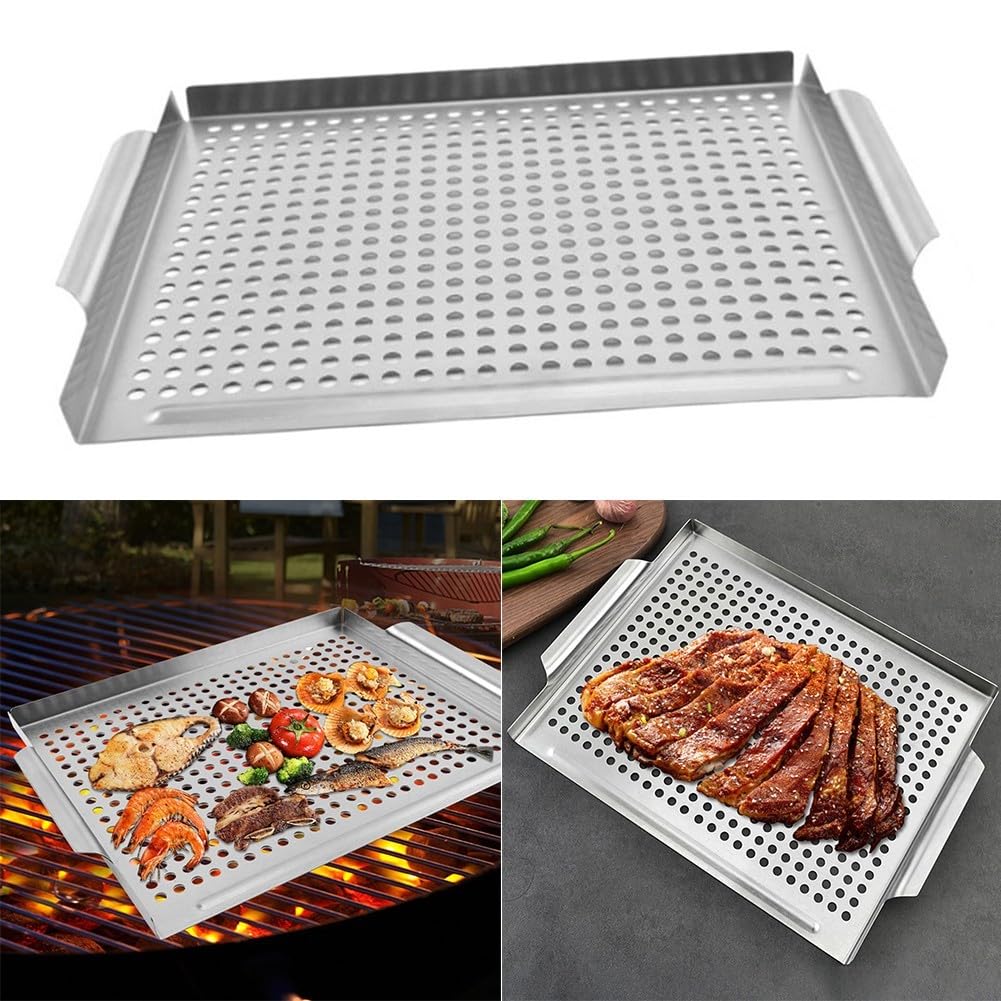 Griglia in acciaio inossidabile, vassoio perforato per barbecue con drenaggio del grasso per piccoli alimenti, cestino per grigliare verdure, accessorio elettrico per griglia a carbone per pentole da