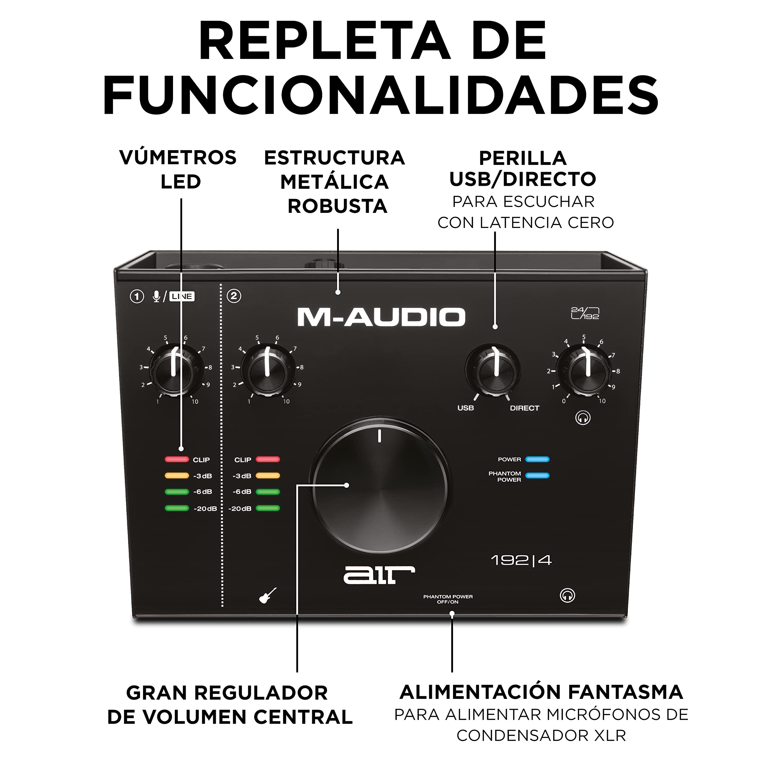 M-Audio AIR 192|4 - Interfaz de audio, Tarjeta de sonido USB, USB-C, 2 entradas, 2 salidas, software de estudio, para grabación de instrumentos, producción musical y monitorización