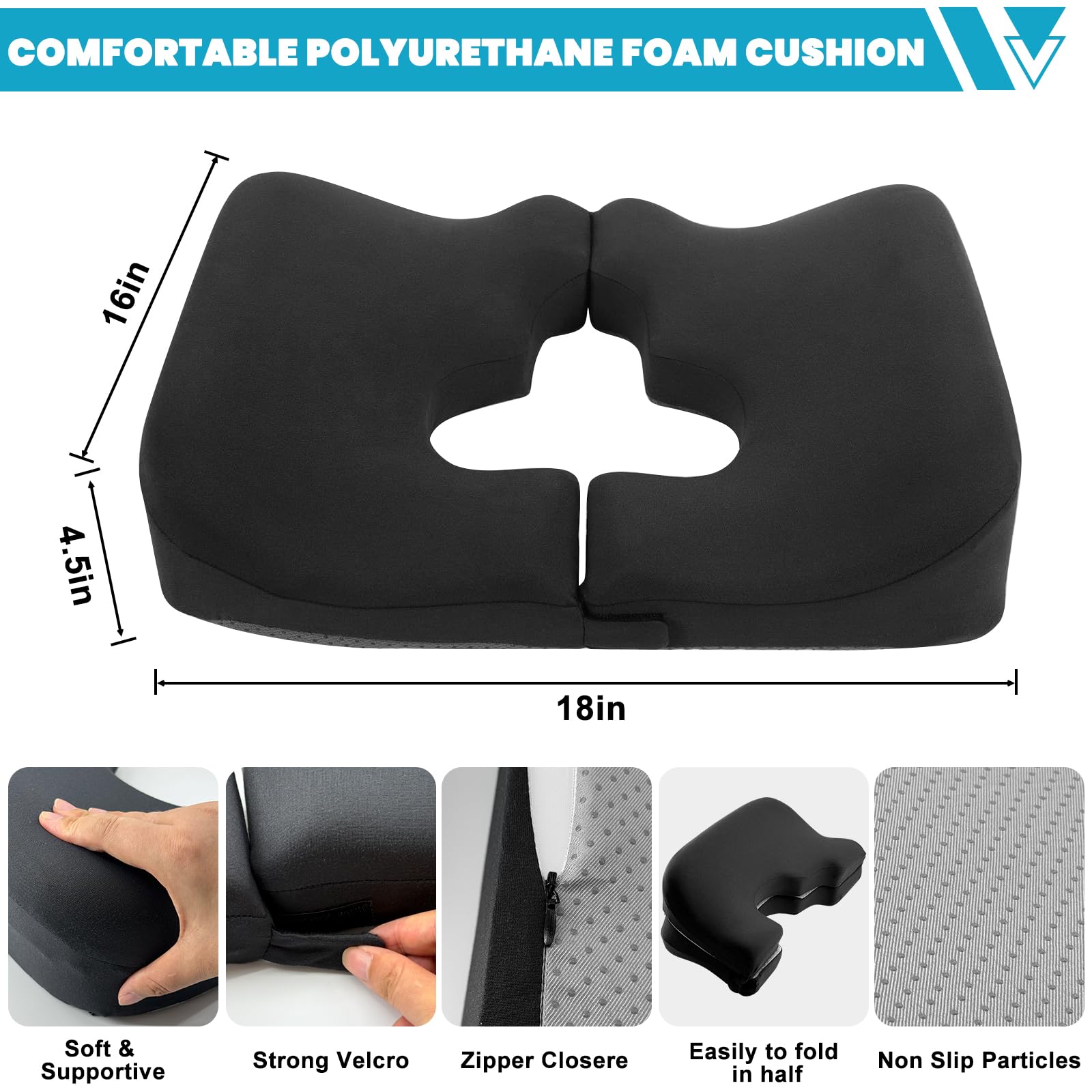 Almohada de dona de 4.5 pulgadas para dolor de coxis, almohada 100% de espuma viscoelástica para aliviar la presión, cojín grueso antiescaras - Almohada de apertura en forma de T - Gris oscuro