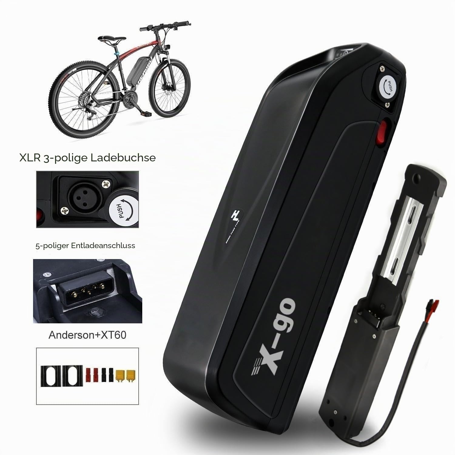 X-go E Bike Akku 48V 13AH, Ebike Batterie mit 5Pin Grundplatte Ladegerät USB Schnittstelle für 750W 500W 350W 250W Elektrofahrrad Motor, Hailong Lithium-Ionen Akku
