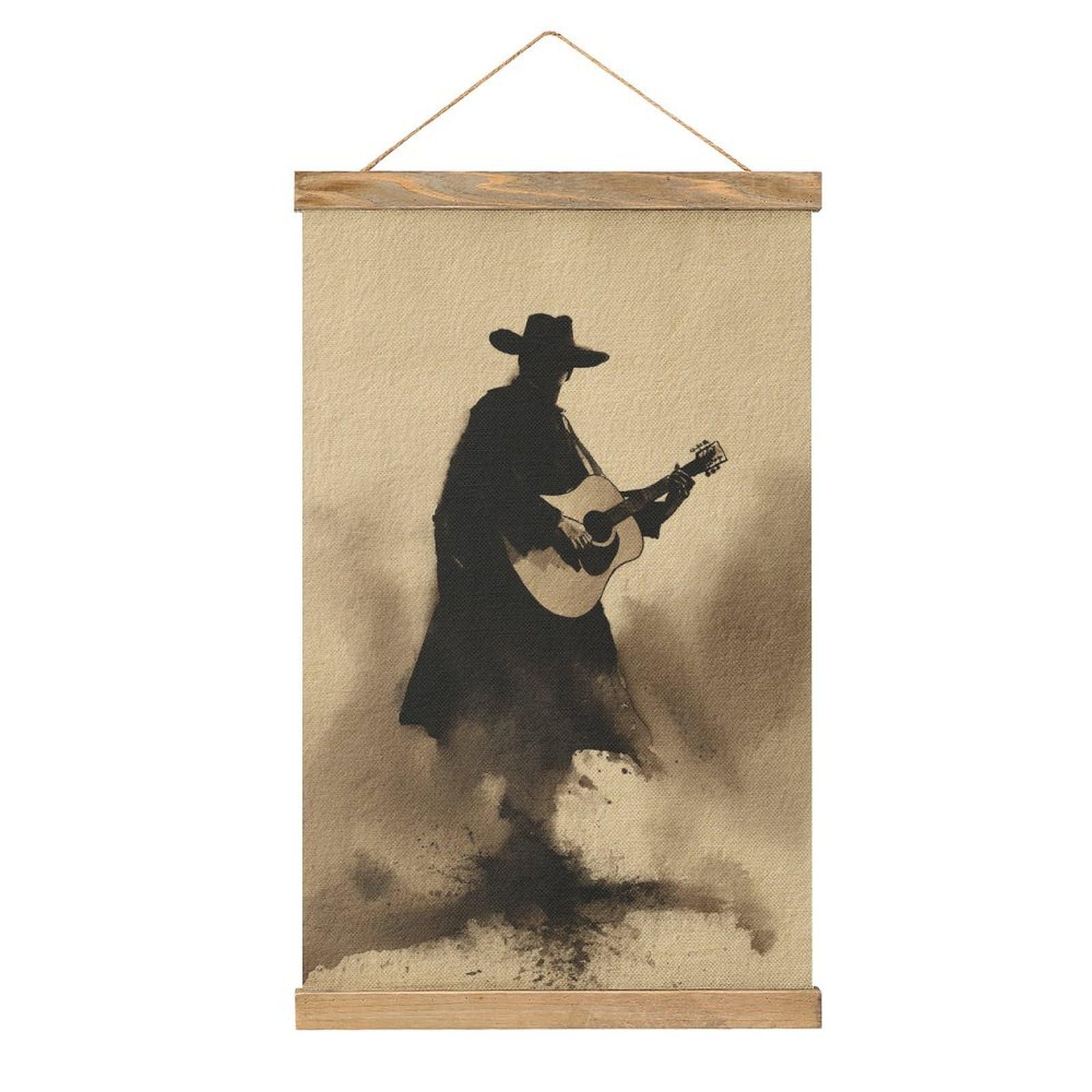 Jubonexis Abstract Western Cowboy Holding Guitar Canvas Painting Wood Frames Poster Hanger Hanging Picture Kit Wall Art