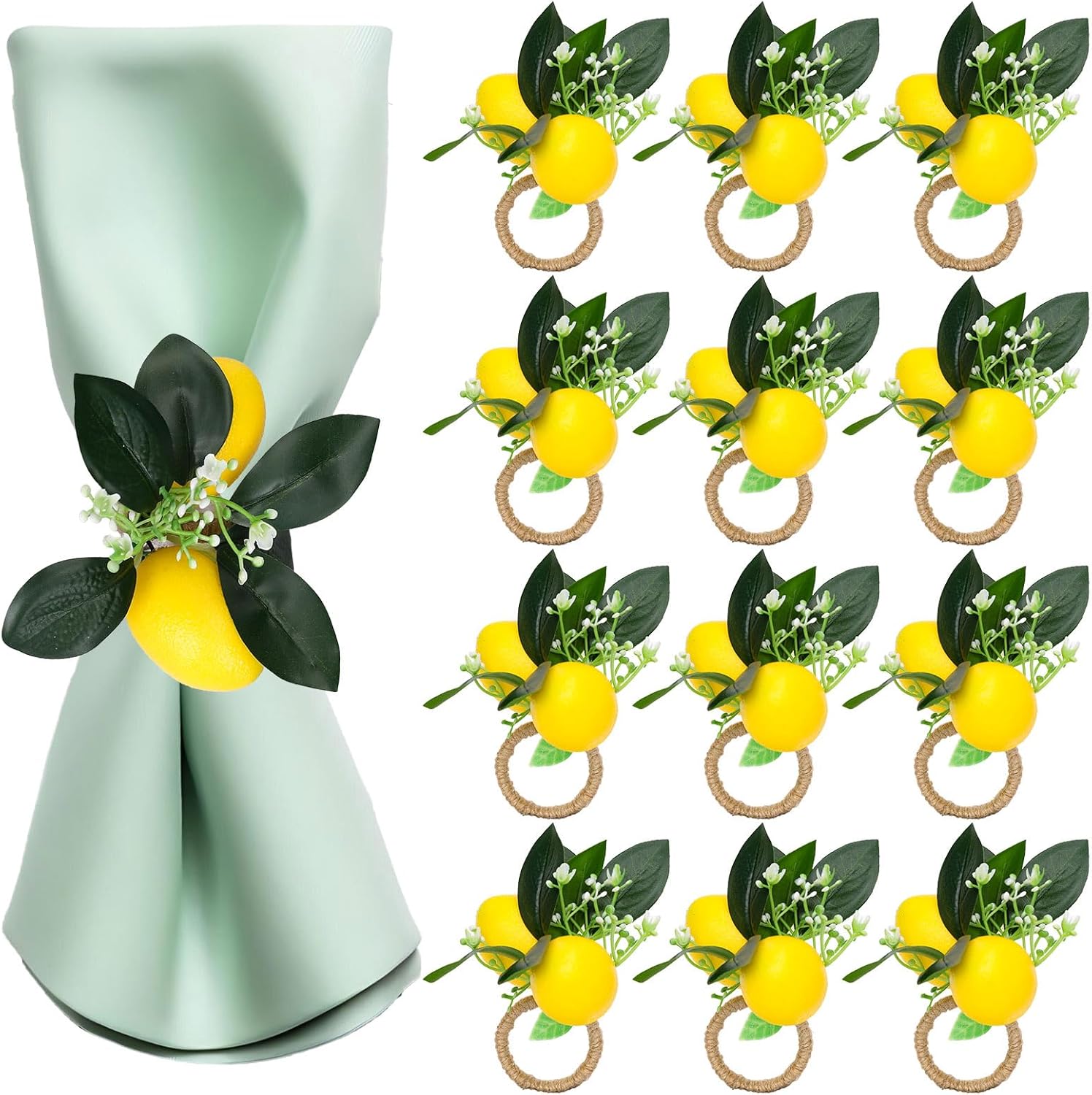 FYSUIMU 12Pcs Lemon Napkin Rings Farmhouse Lemon Leaves Napkin Holders Summer Greenery Leaf Napkins Buckle for Wedding Birthday Party Dinner Table Decor