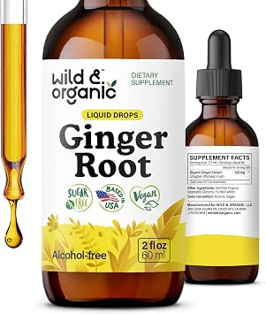 Wild & Organic Ginger Extract Liquid Drops - Immune & Digestive Support - Liquid Ginger Root Supplement - Easy to Add to Tea - Vegan, Sugar & Alcohol-Free Tincture - 2 fl oz