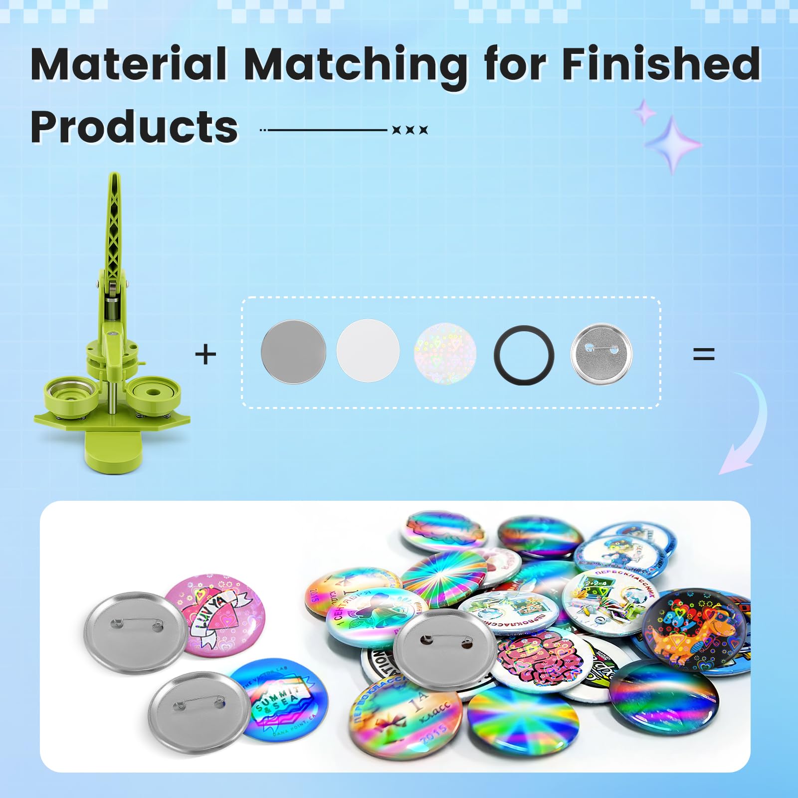 Macchina per bottoni KEYSAFER per creare badge 58 mm, set di pressa per bottoni fai da te senza installazione, con 100 parti in metallo per bottoni, lamina arcobaleno e taglierina rotonda per feste e