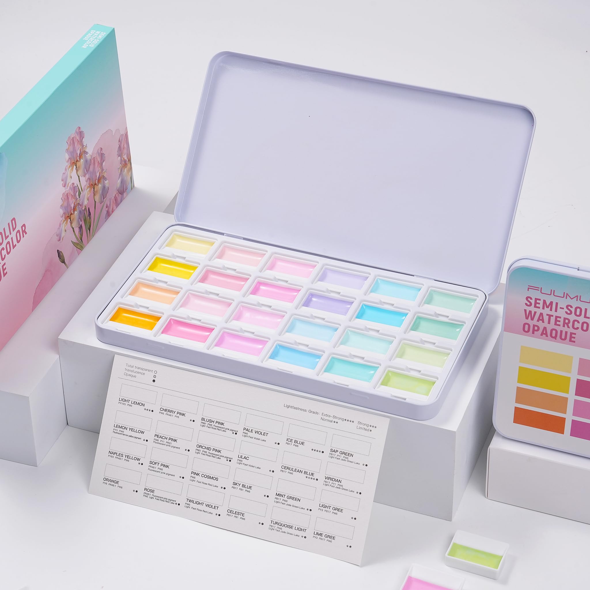 Fuumuui 24-Color Opaque Semi-Solid Watercolor Paint Set – Dreamy Macaron Palette for Food Illustrations, Journaling & Floral Art, Artist Grade
