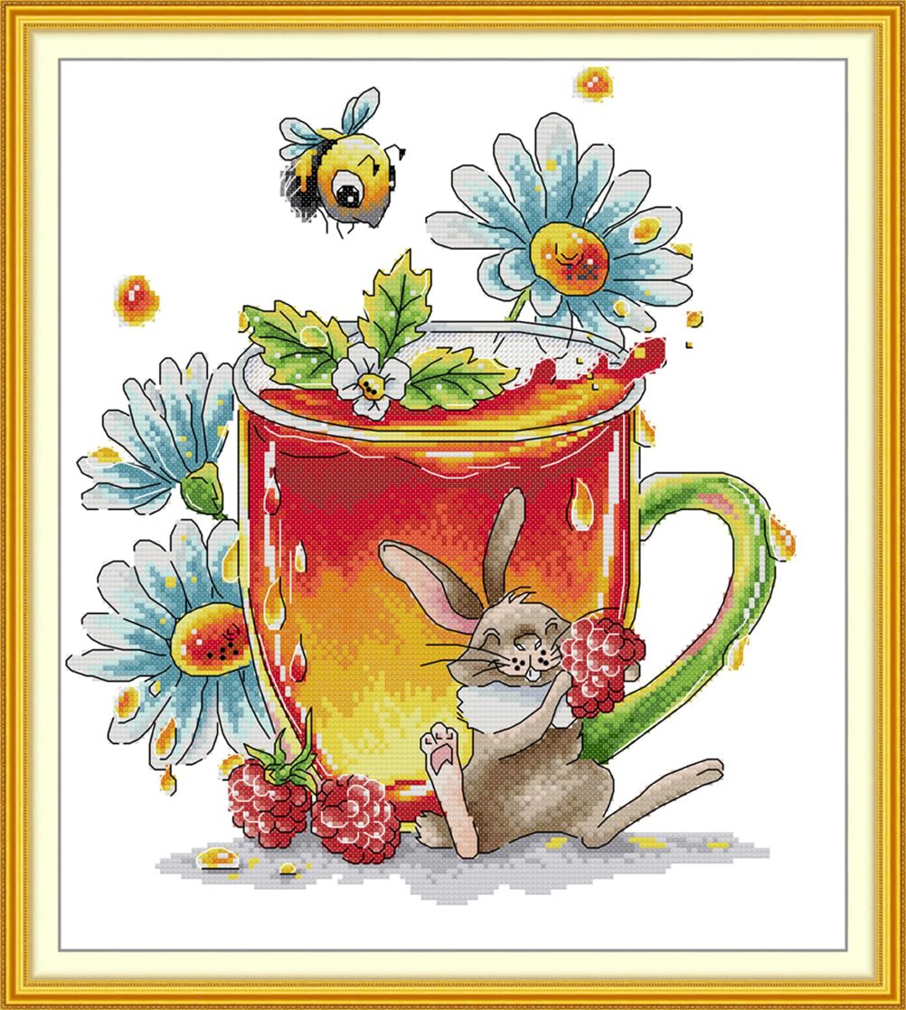 Meecaa Cross Stitch Kits 14 Count Stamped, Bee Flower Rabbit Raspberry Embroidery Kit with Accessories Pre Printed（34×38CM (Bee)
