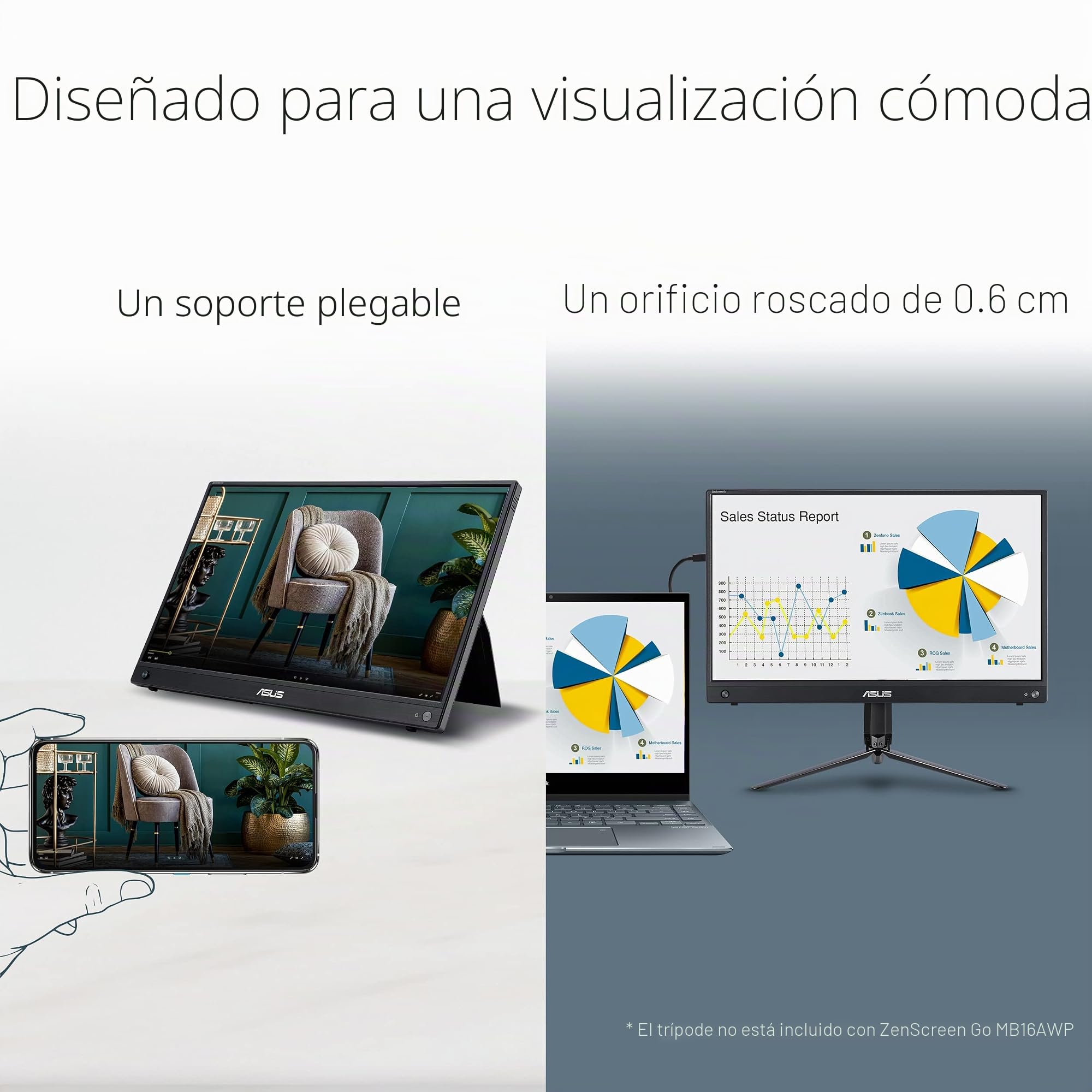ASUS Monitor portátil inalámbrico USB ZenScreen GO MB16AWP: 15,6", IPS, USB Tipo C, Mini-HDMI, Batería integrada, Antiparpadeo, Luz Azul de Baja Intensidad, Rosca para trípode. 250cd/m². Negro