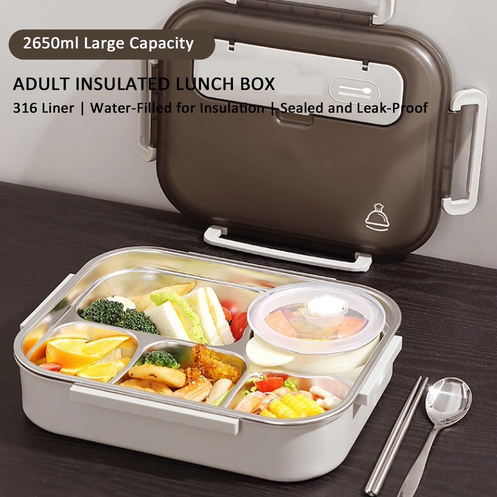 MRKU Fiambrera Grande de Acero Inoxidable 316 para Adultos, a Prueba de Fugas, con 5 Compartimentos, Bolsa isotérmica, tazón para Sopa y Cubiertos.