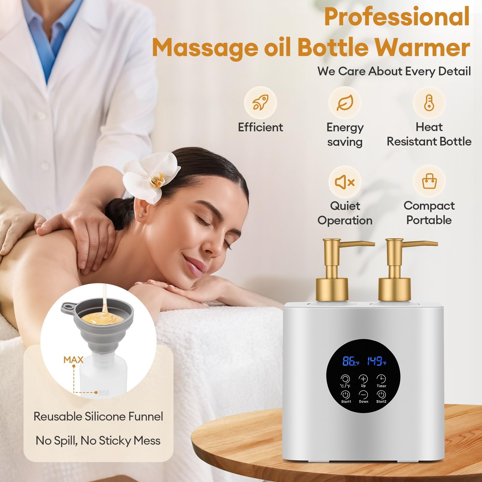 Riscaldatore per olio da massaggio con 4 bottiglie di olio da massaggio e 2 imbuti, temperatura regolabile (30 – 65 °C) e timer (0,5 – 24 h) scalda-lozione, doppio dispenser di olio riscaldato per spa
