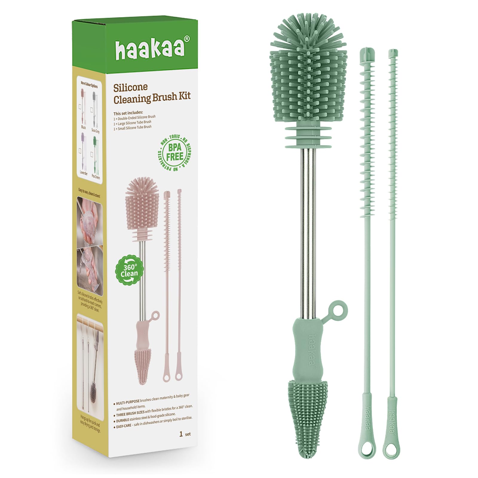 haakaa Silicone Multifunctional Cleaning Brush Kit (Pea Green) - Bottle Brush for Breast Pumps, Breast Milk Collector, Baby Bottles, Nipples, Breastmilk Storage Bags