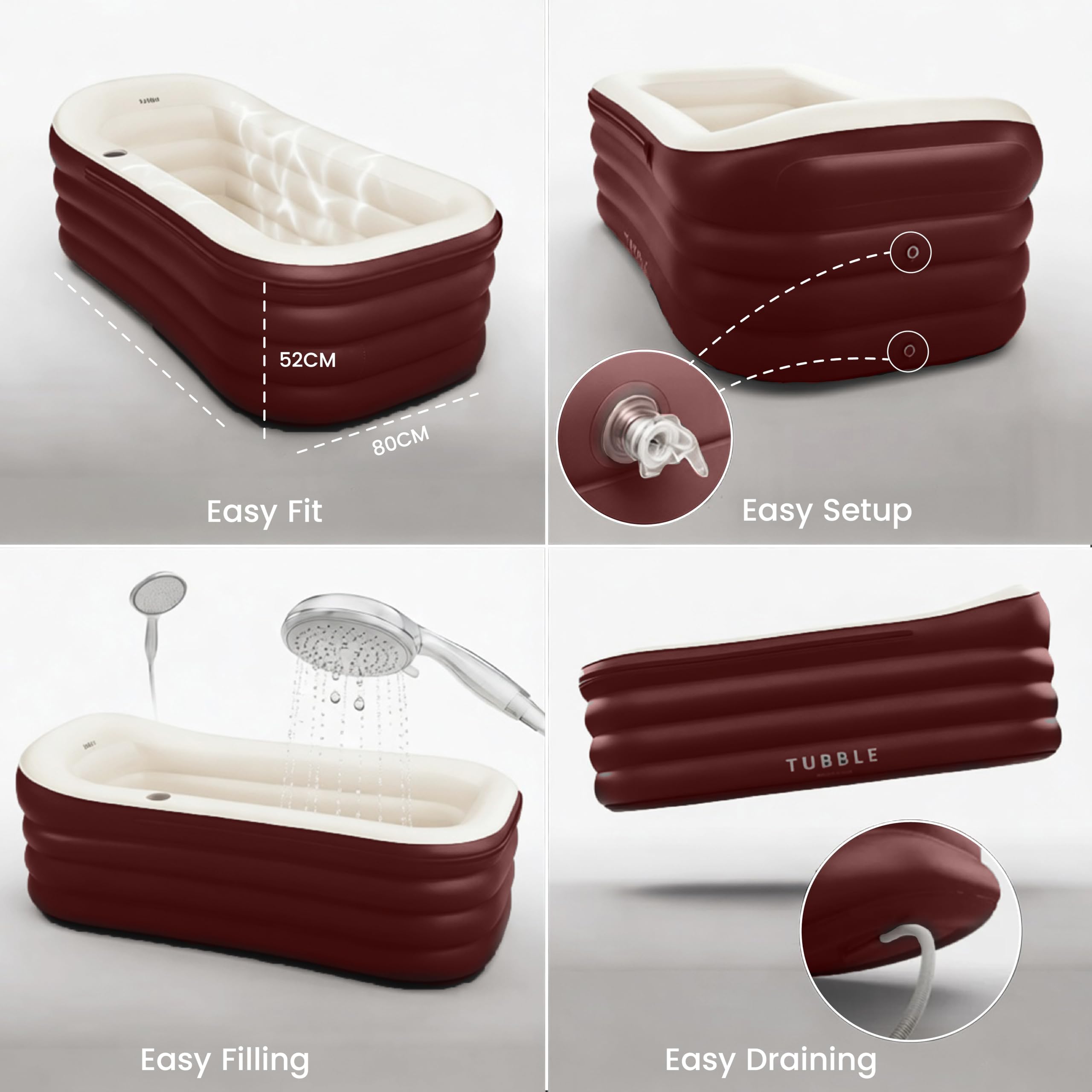 Tubble Nadmuchiwana wanna dla dorosłych – ulepszona wersja, rozmiar 200/255 litrów, nowy model i znacznie mocniejszy zamek błyskawiczny (Deep Burgundy, 255 l/Royale)