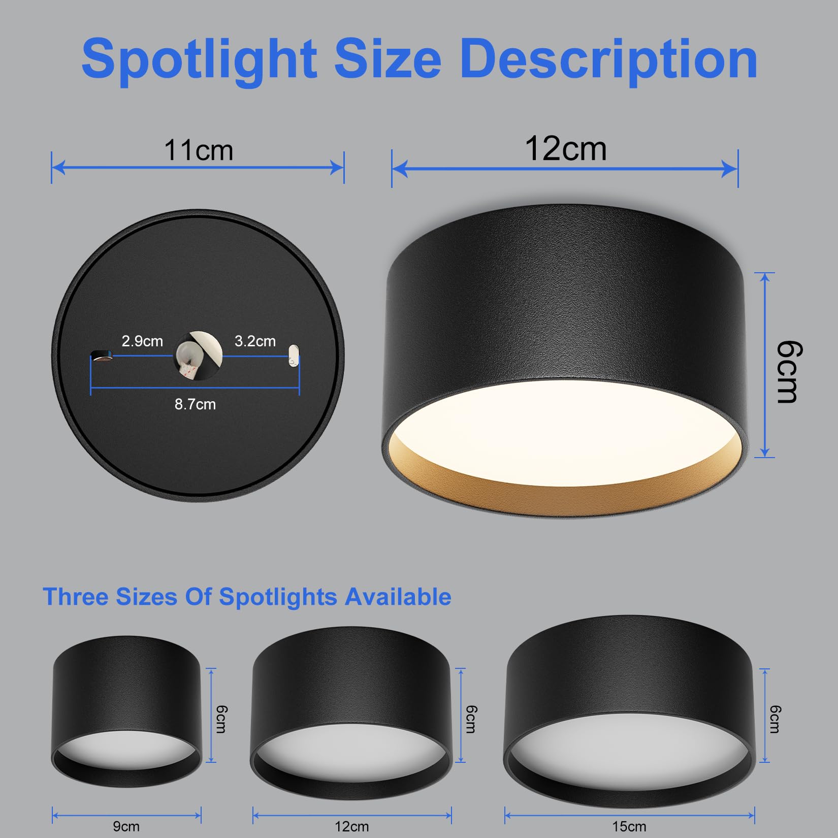 Klighten 18W LED Foco de techo, Negro Redondos Focos de superficie, Lampara Techo Moderno, Aplique Techo Interior Blanco Cálido 3000K, Plafón Focos Aluminio para Salón Baño, IP44, 1029LM, 60X120mm