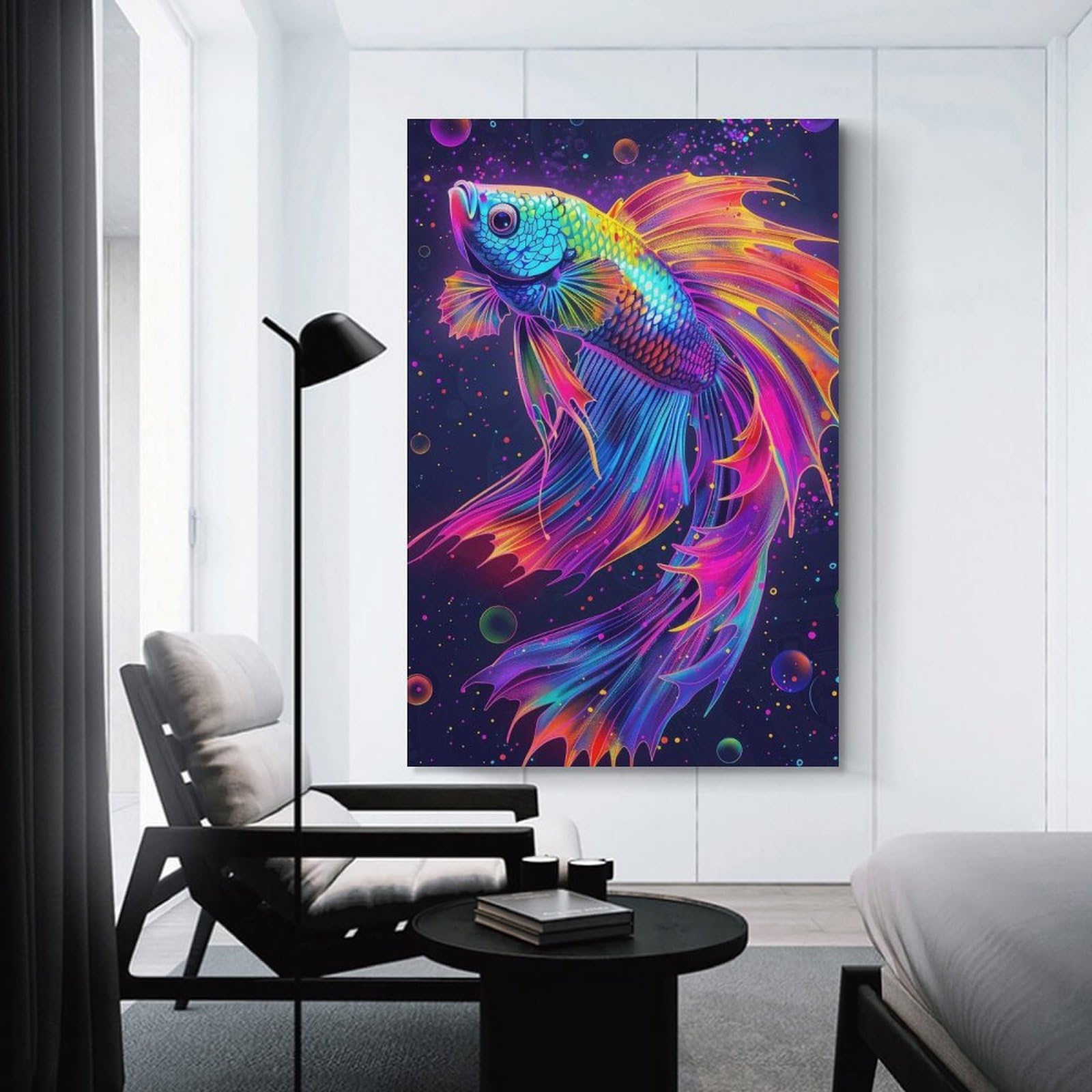 Junmoney Neon Betta Fish Psychedelic Art Wall Picture Print, 24x36inch(60x90cm), for Workspace Walls, Study Corners Or Bedrooms, Wall Art That Adds Style to Work Areas