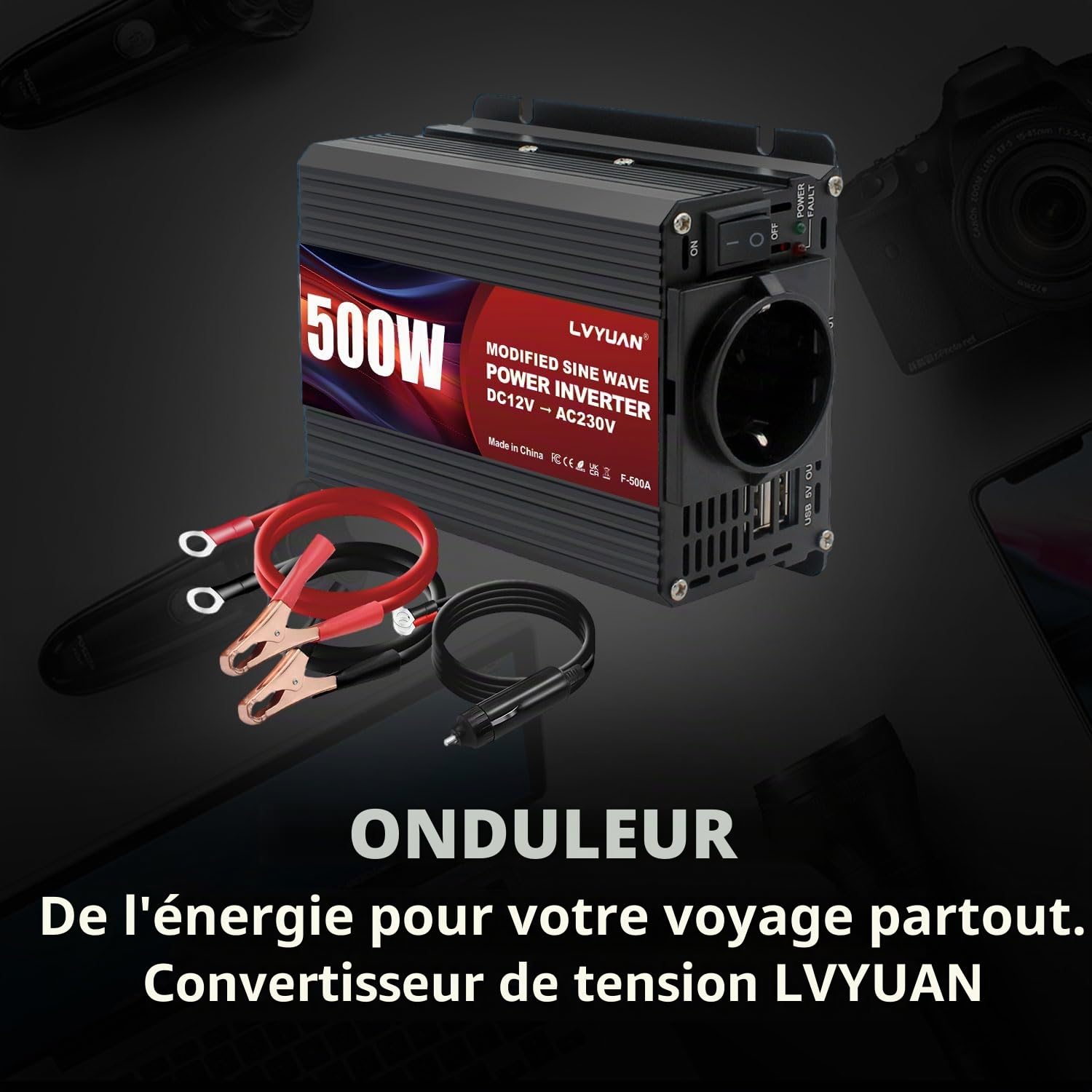 LVYUAN Convertisseur 12V 220V 500W Convertisseur de Tension, Onduleur avec Double Connexion USB et Prises EU, Inverter