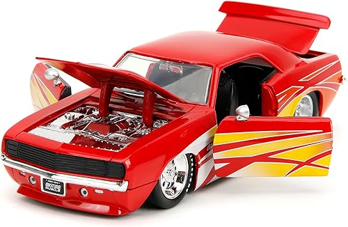 1969 Chevy Camaro rojo con gráficos Bigtime Muscle Series 124 Modelo de coche fundido a presión por Jada 35029