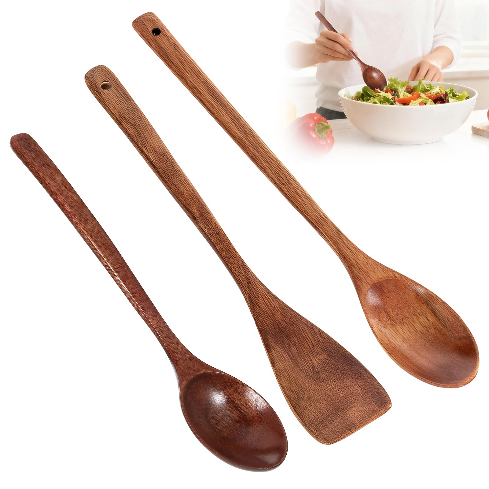 3 Pcs Wooden Spoons for Cooking, Long Handle Wooden Cooking Spoons, Wood Kitchen Utensils for Nonstick Pans & Cookware