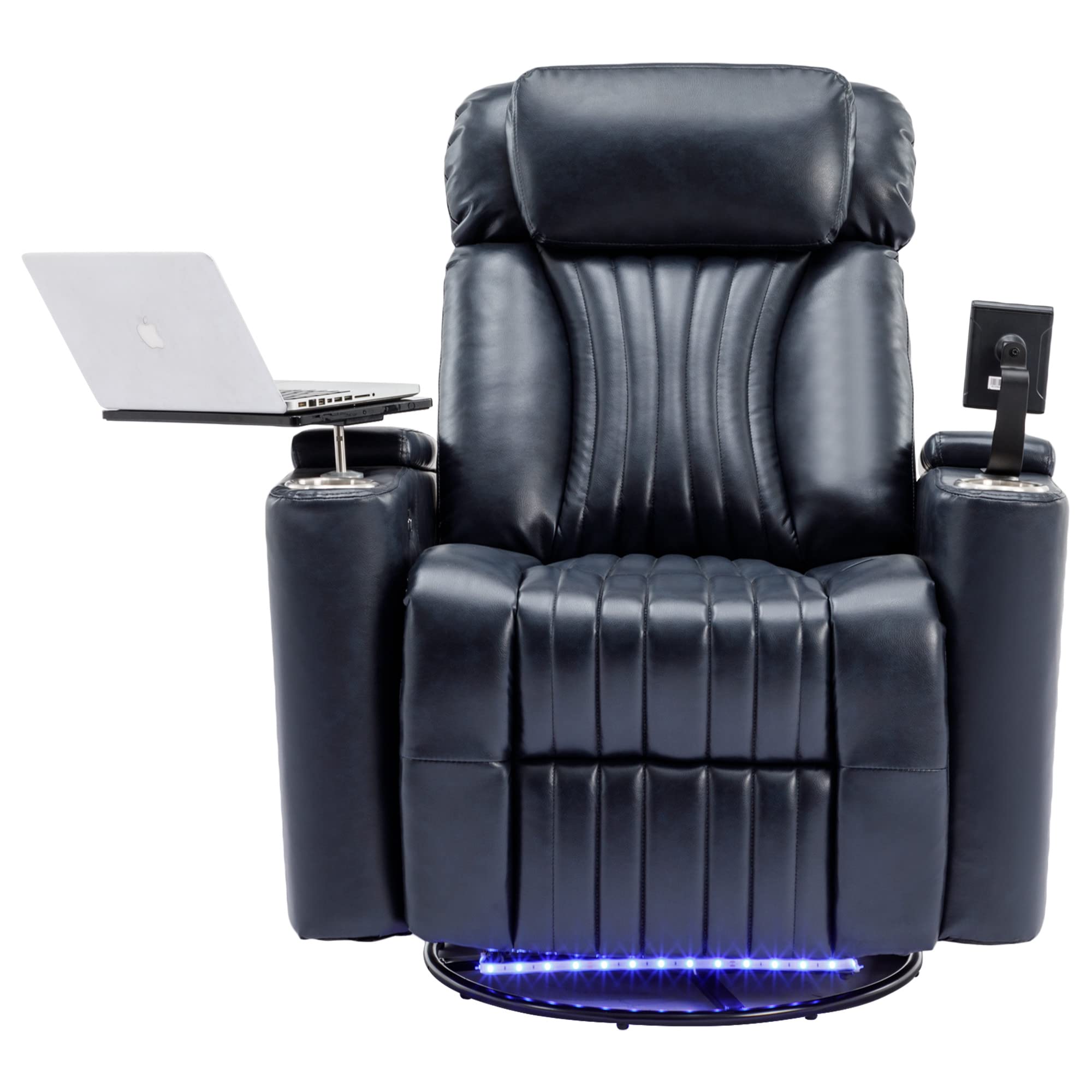 270 Degrees Power Swivel Recliner,Home Theater Seating With Hidden Arm Storage and LED Light Strip,Cup Holder,360 Degrees Swivel Tray Table,and Cell Phone Holder,Soft Living Room Chair,Blue (Blue5)