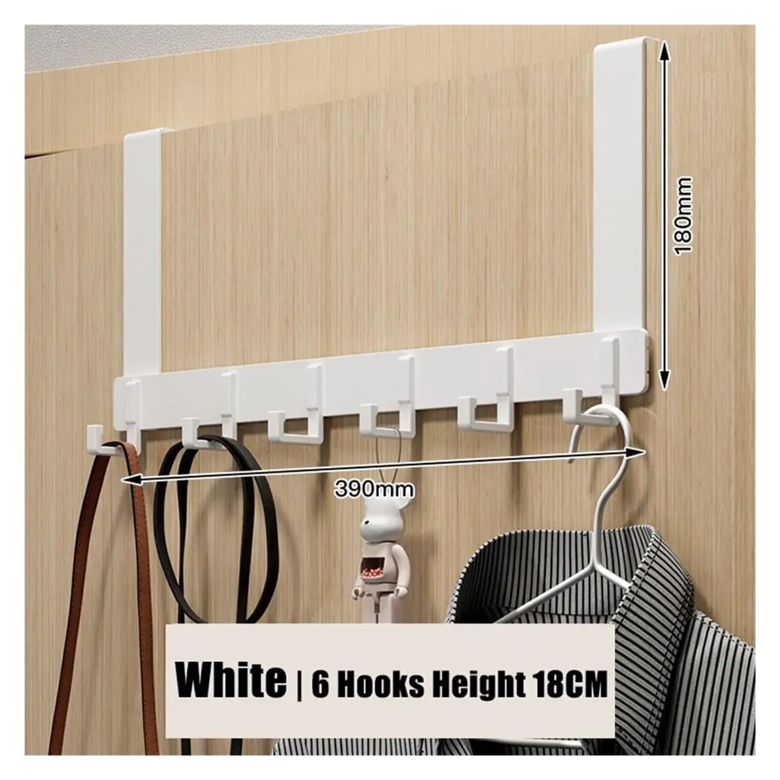 BARRINS Over The Door Hooks Storage Hooks Over The Door 6 Hooks Clothes Coat Hat Towel Hanger Home Organizer Rack Bathroom Kitchen Accessories Holder(White-18cm)