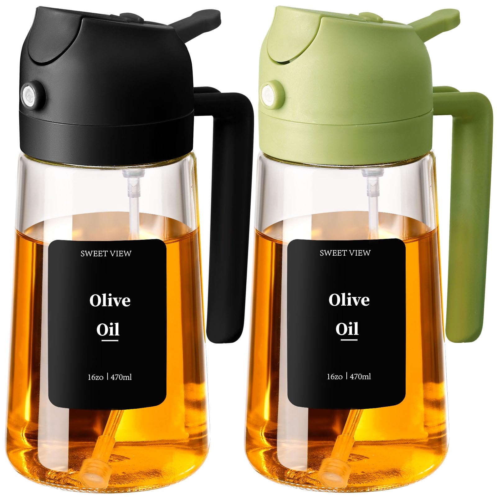 2PCS Olive Oil Sprayer for Cooking, 470ml 2 In 1 Glass Oil Sprayr & Pour for Kitchen, Air Fryer, Cooking, Salad, BBQ (Black,Green)
