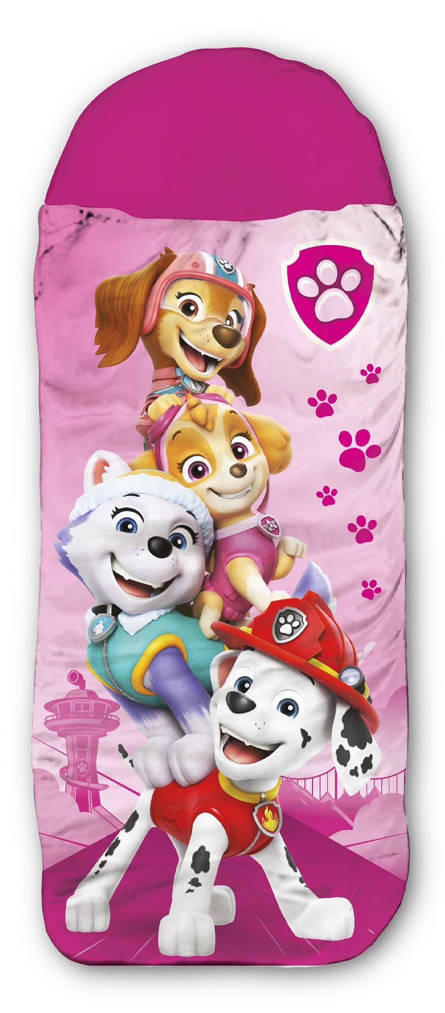 Saco de dormir infantil Paw Patrol – Rosa 140 cm + 30 cm (capucha) x 70 cm ideal para exteriores/interiores con Skye, Everest, Liberty, Marshall, saco de dormir momia para niñas y niños con cremallera