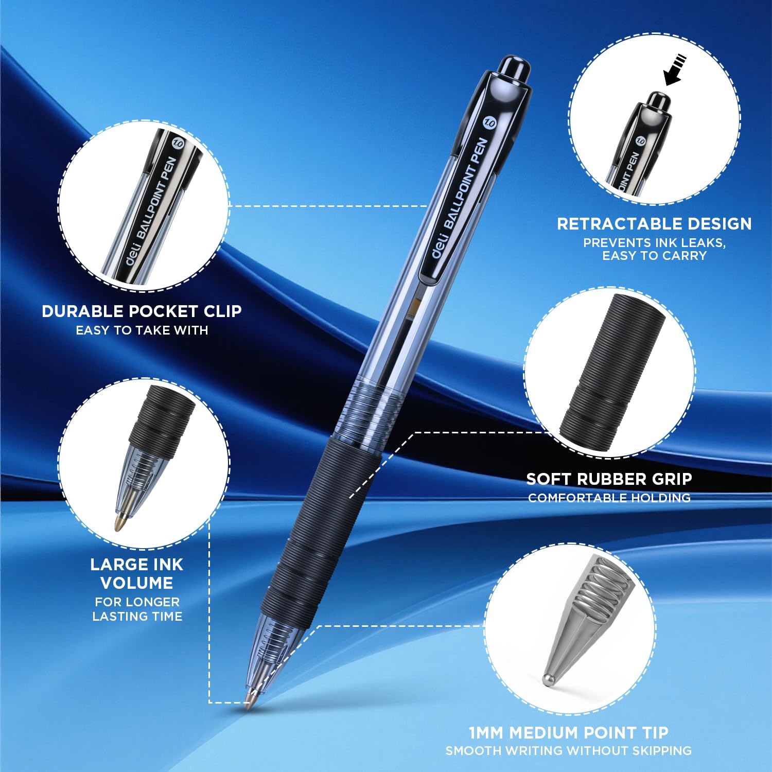 deli Pens Bulk 50 Pack Ballpoint Pens Black Ink 1 0MM Medium Point Smooth Writing Retractable Pen with — view 3