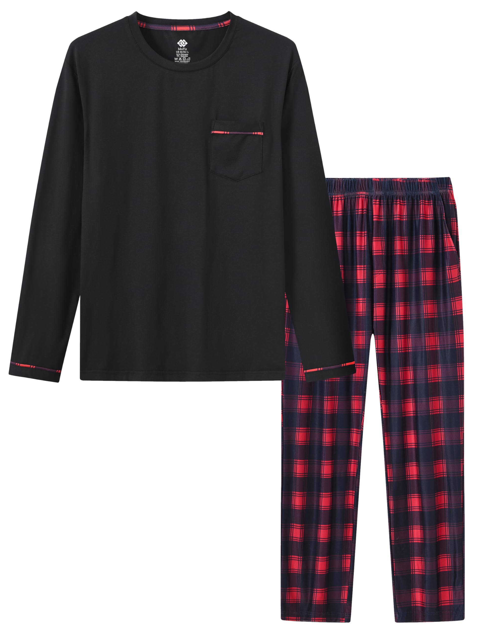 MoFiz Herren Schlafanzug Lang Pyjamaset Winter Weich Warme Langarm Shirt und Karierte Pyjamahose Lange Loungewear Nachtwäsche Set mit Brusttasche