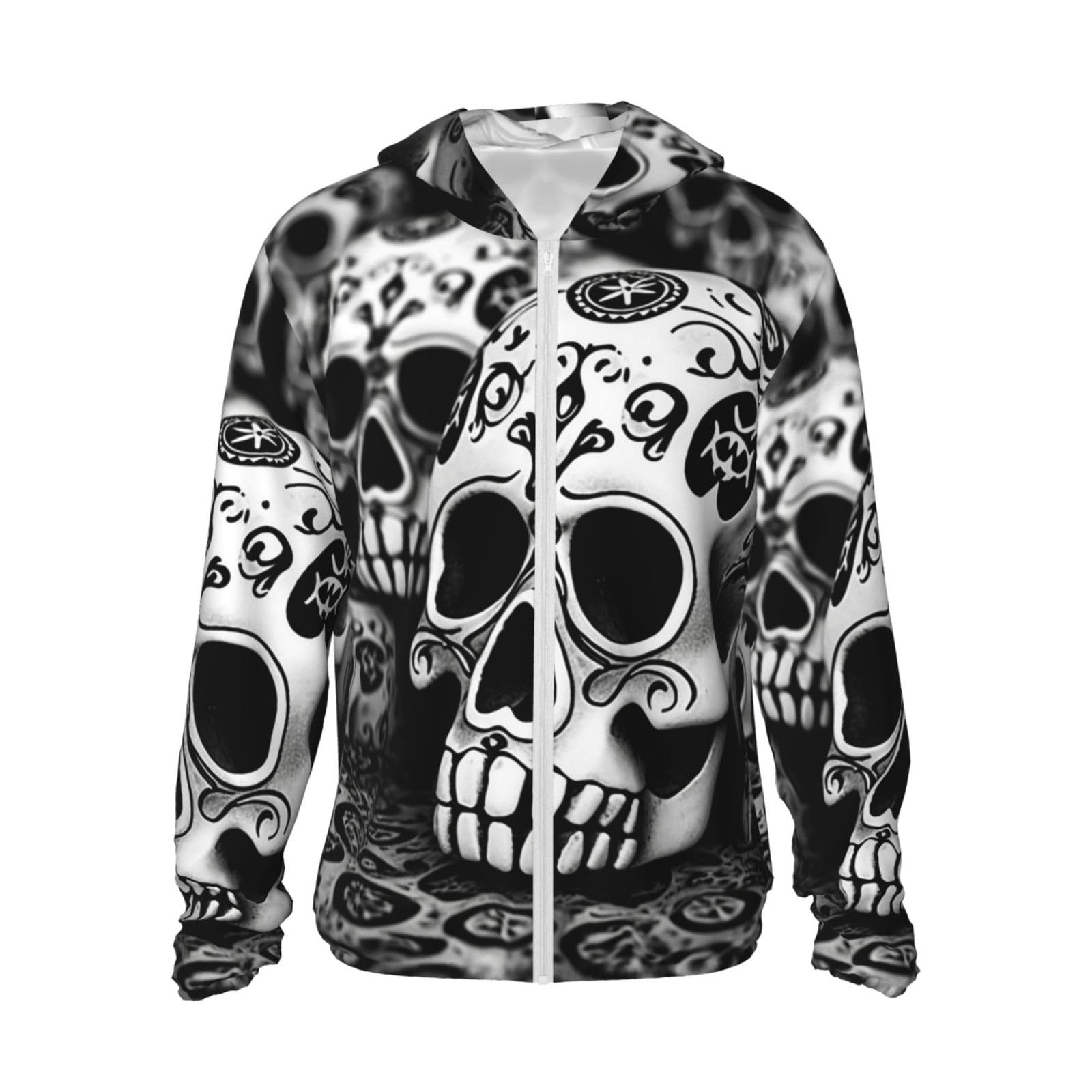 LZQPOEAS Sun Protection Hoodie Black and white skulls Jacket Lightweight Long Sleeve Sun Shirts for Outdoor Hiking Small