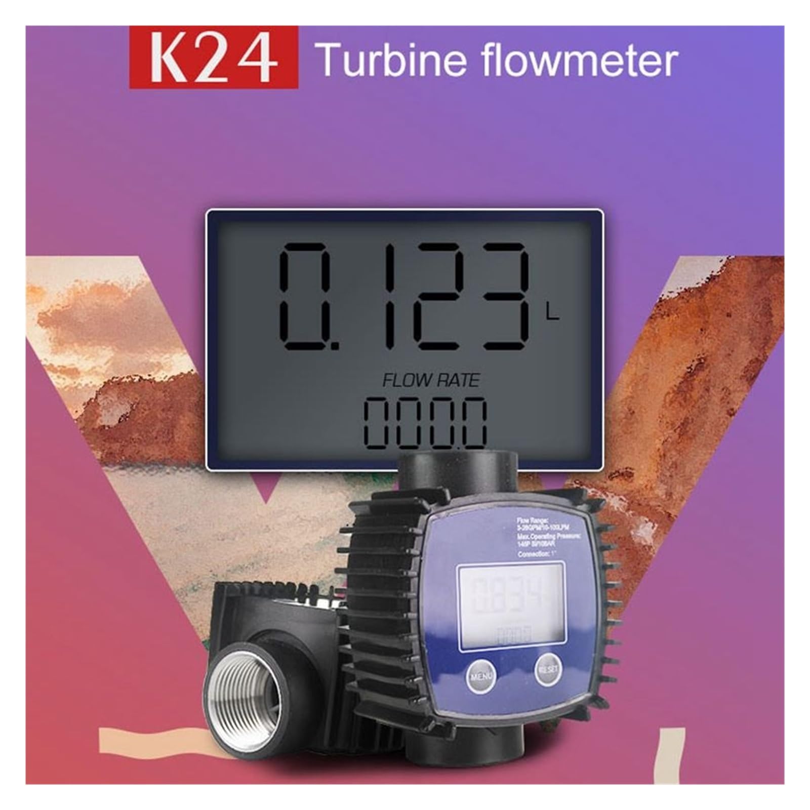 Medidor de flujo de agua, Medidor de flujo K24 aceite metanol, medidor combustible electrónico, rosca hembra digital(1 inch at both ends)