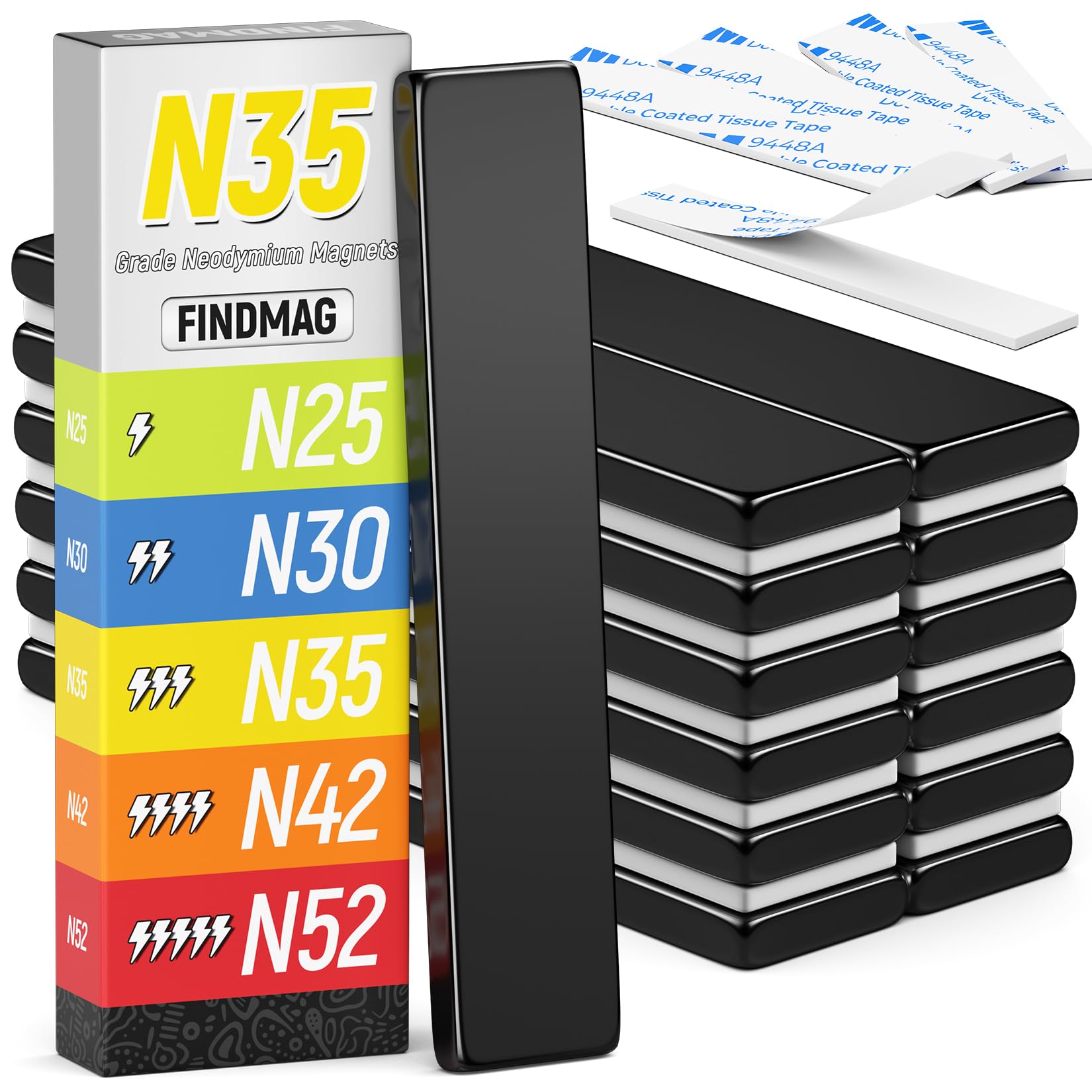 FINDMAG 12 Pack Rare Earth Neodymium Magnets, 60x10x3mm Bar Magnets with Double-Sided Adhesive, Bar Magnet for Fridge, Office, Kitchen, Black