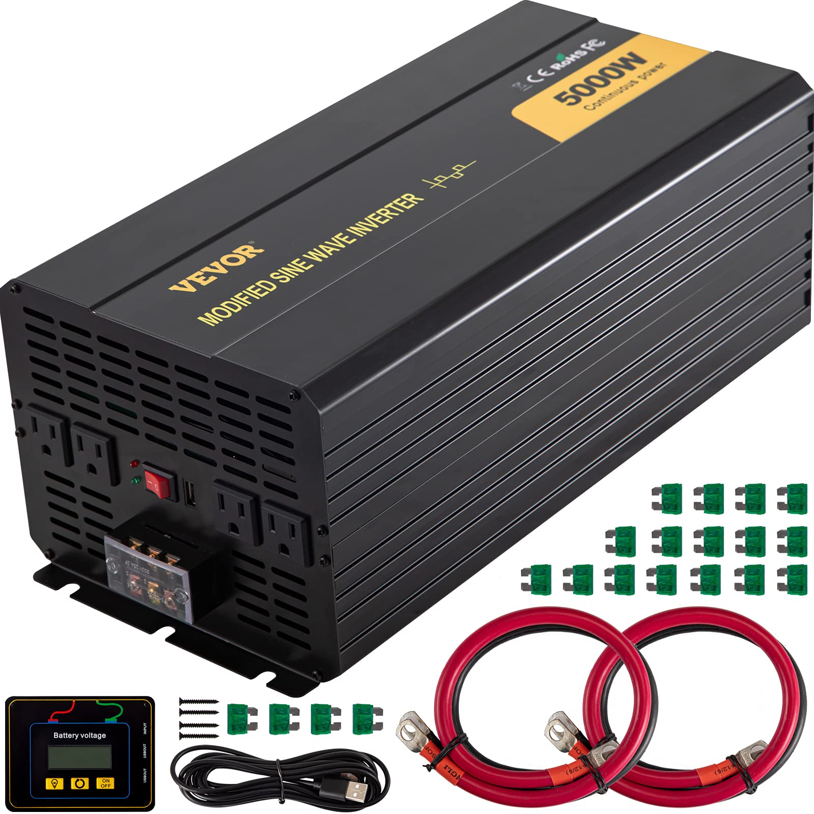 VEVOR Power Inverter, 5000W Modified Sine Wave Inverter, DC 12V to AC 120V Car Converter, with LCD Remote Controller, LED Indicator, AC Outlets