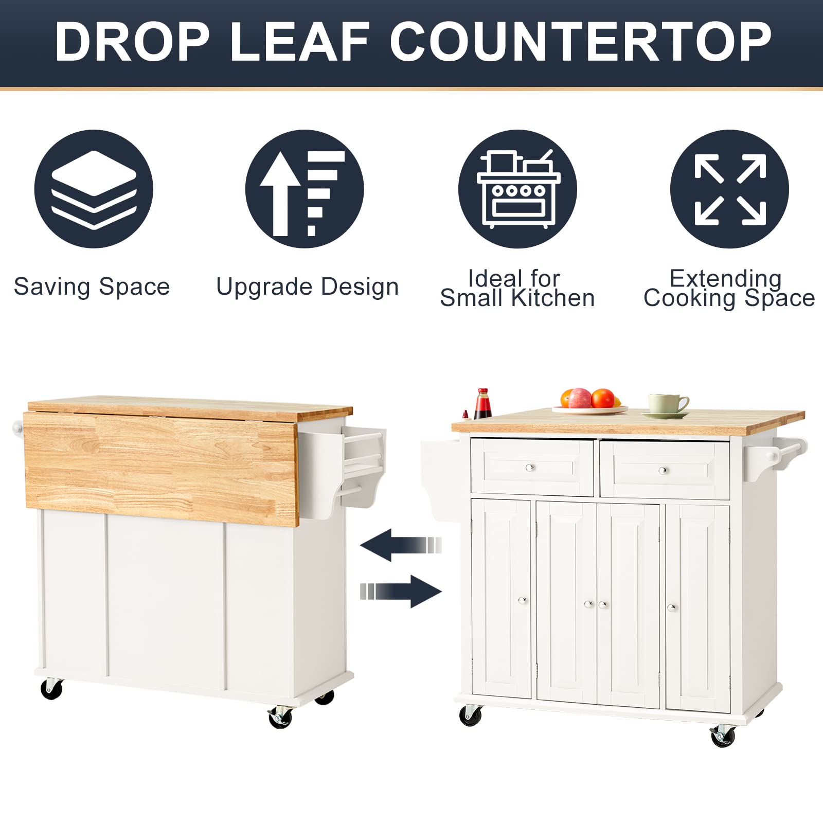 HOMHUM Rolling Kitchen Island Cart with Storage, Kitchen Cart with Drop