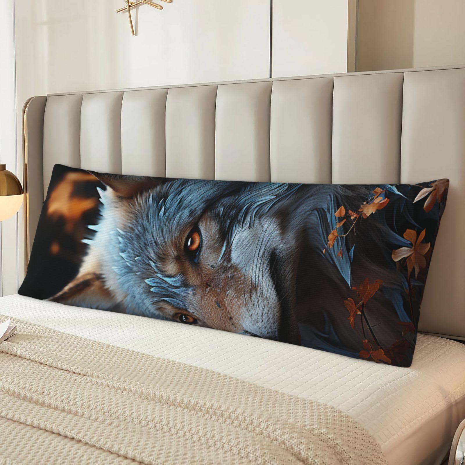 Autumn Leaves and A Wolf Body Pillow Cover with Hidden Zipper 54"X20",Ultra Soft Microfiber Long Pillow Case Decorative Bedding Pillowcase Cushion Cover Cases for Bedroom Couch Sofa,Home Gifts