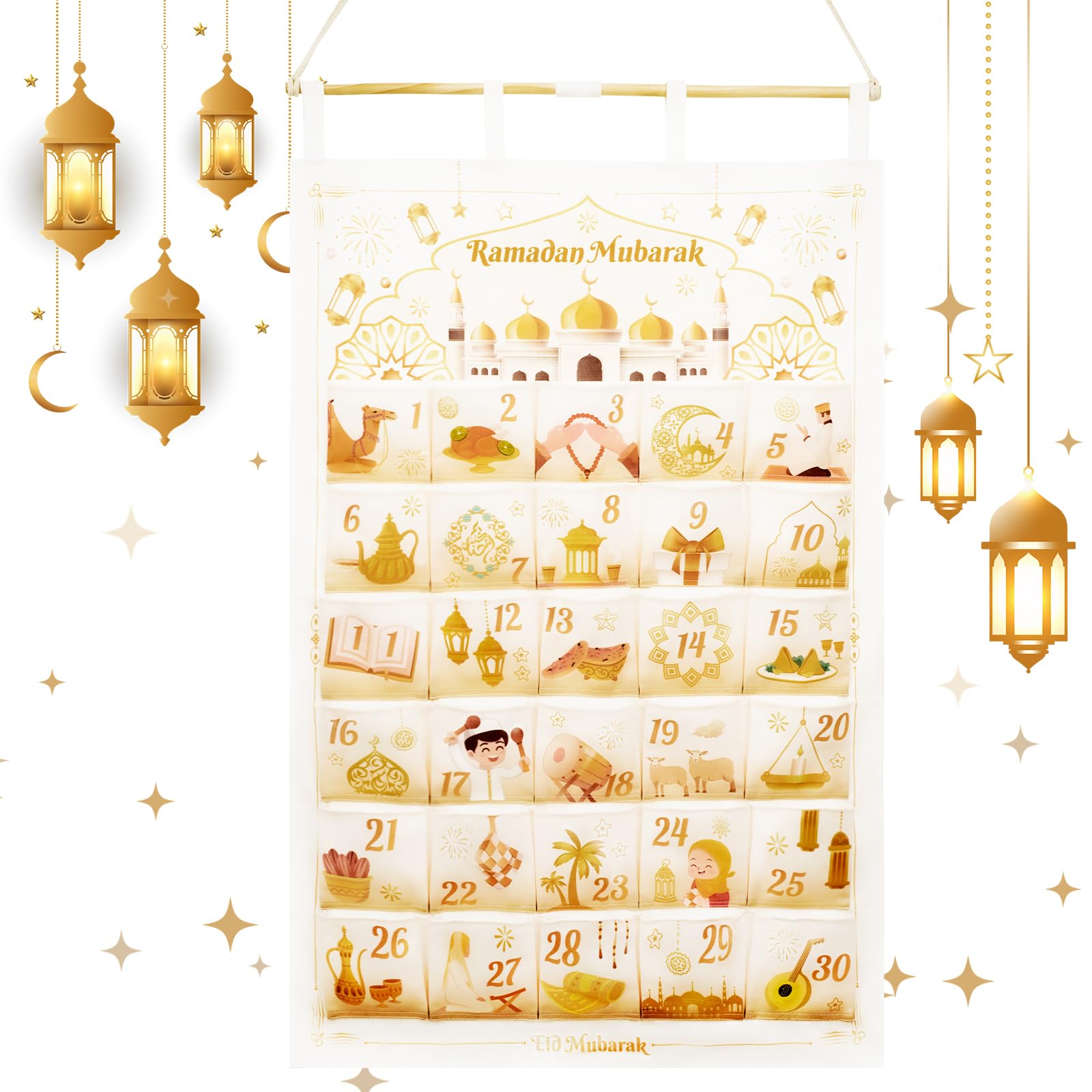 Calendrier de l'Avent du Ramadan - Décoration en bois DIY pour l'Aïd Mubarak - Ornement de compte à rebours pour le Ramadan, décoration de salon, cadeaux du Ramadan (noir + doré Calendrier de l'Avent du Ramadan - Décoration en bois DIY pour l'Aïd Mubarak - Ornement de compte à rebours pour le Ramadan, décoration de salon, cadeaux du Ramadan (noir + doré