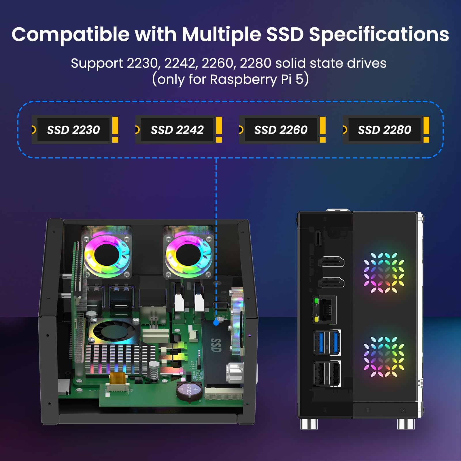 ELECROW Obudowa Mini PC dla Raspberry Pi 5: Obudowa aluminiowa z 3 wentylatorami chłodzącymi, 1,3" wyświetlacz OLED, obsługa PCIe M.2 NVMe SSD 2230/2242/2260/2280, RTC, pełny dostęp do portów